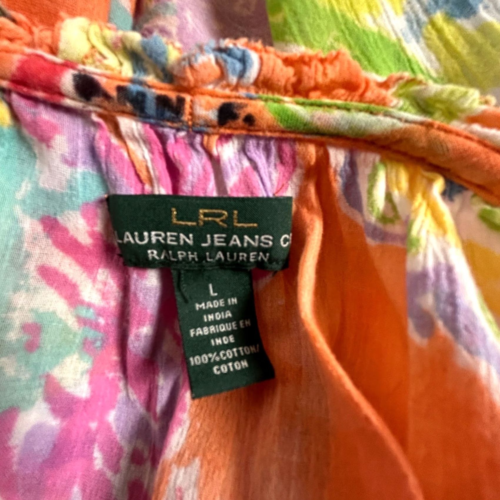 Ralph Lauren Lauren Ralph Lauren Womens Peasant Top Large Floral Orange Pink 100% Cotton Size L / US 10 / IT 46 - 3 Thumbnail