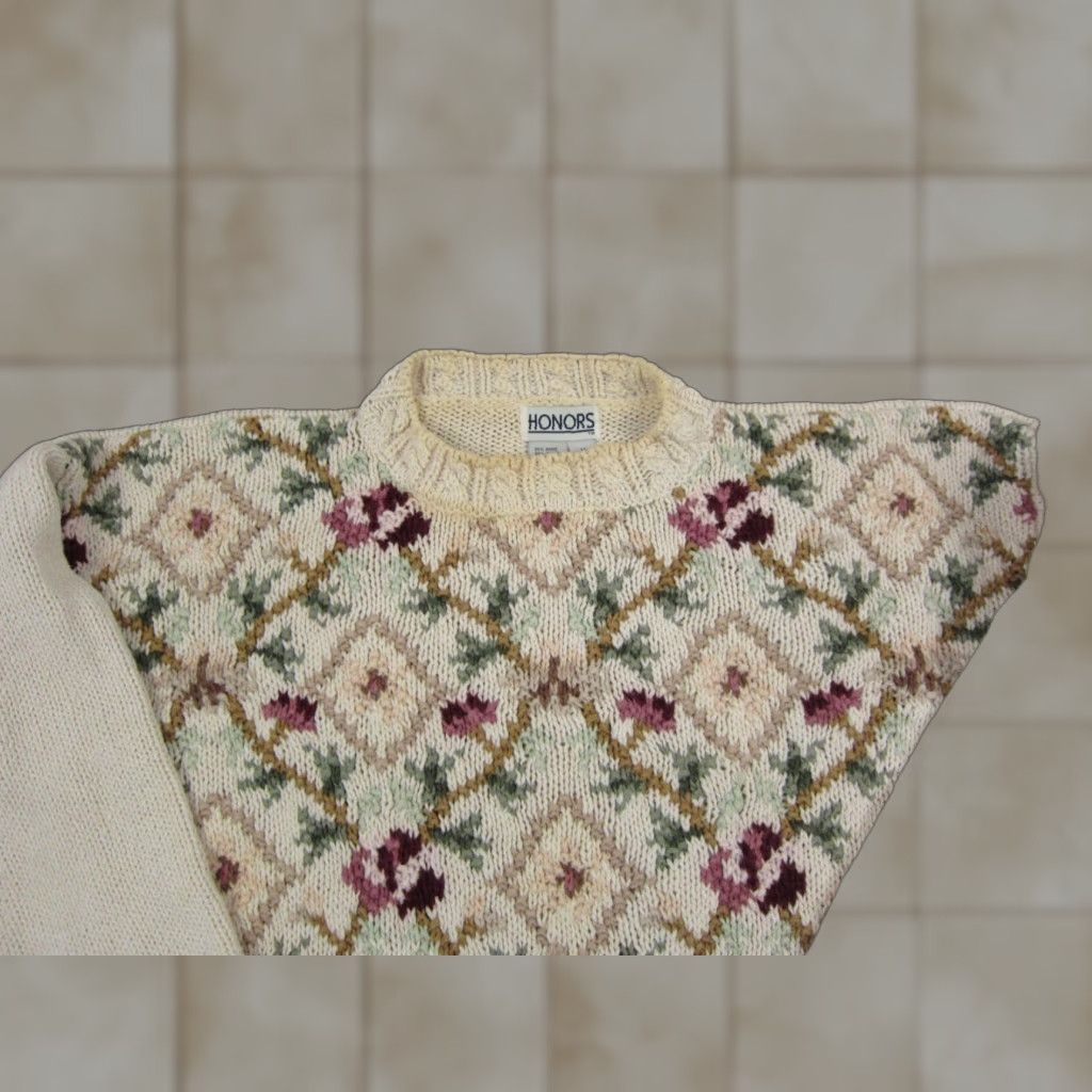 Vintage VINTAGE Honors Sweater Womens M Ivory Floral Knit Pullover 90s Style Long Sleeve High Neck Knitted Flowers Baroque Size M / US 6-8 / IT 42-44 - 1 Thumbnail