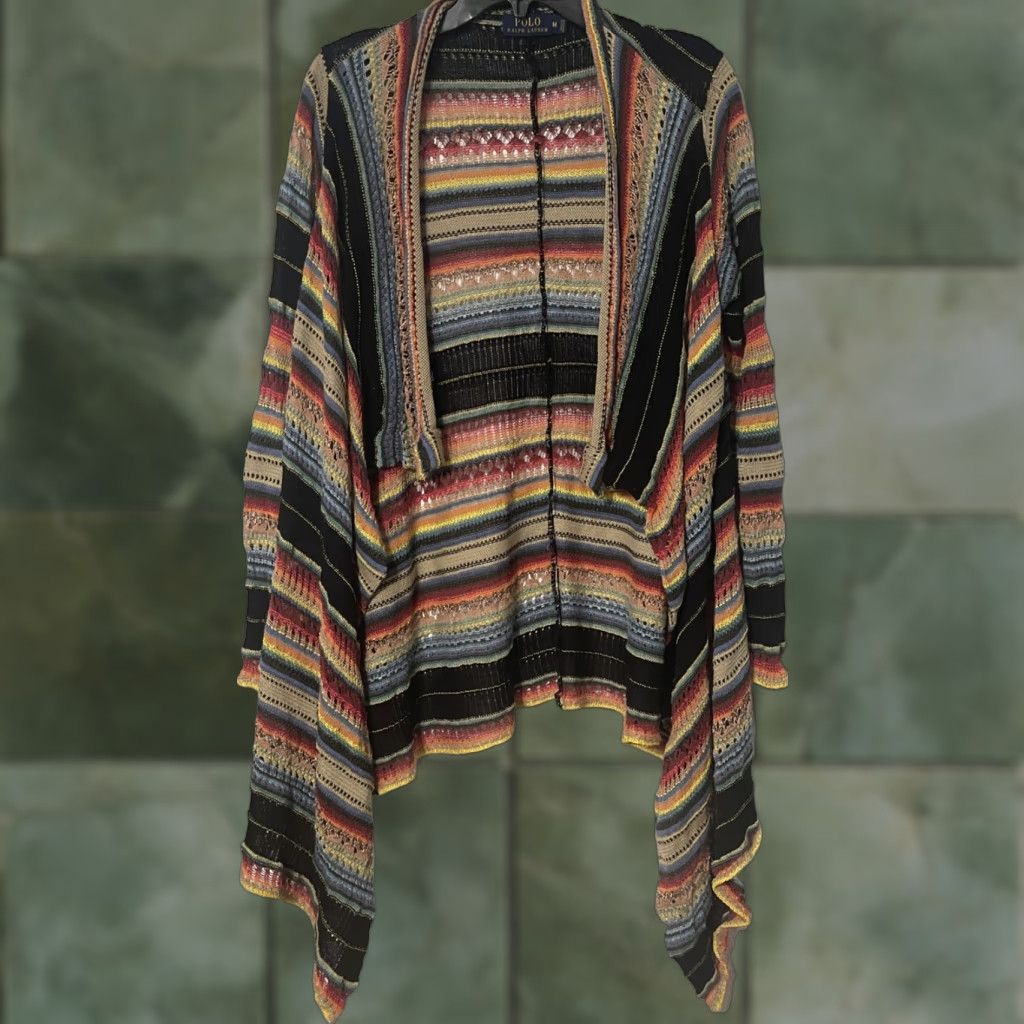 Ralph Lauren POLO RALPH LAUREN Serape Crochet Mulberry Silk Linen Sweater Cardigan Womens Medium Striped V-Neck Long Sleeve Southwest 90s Aztec Bohemian Designer Size M / US 6-8 / IT 42-44 - 1 Thumbnail