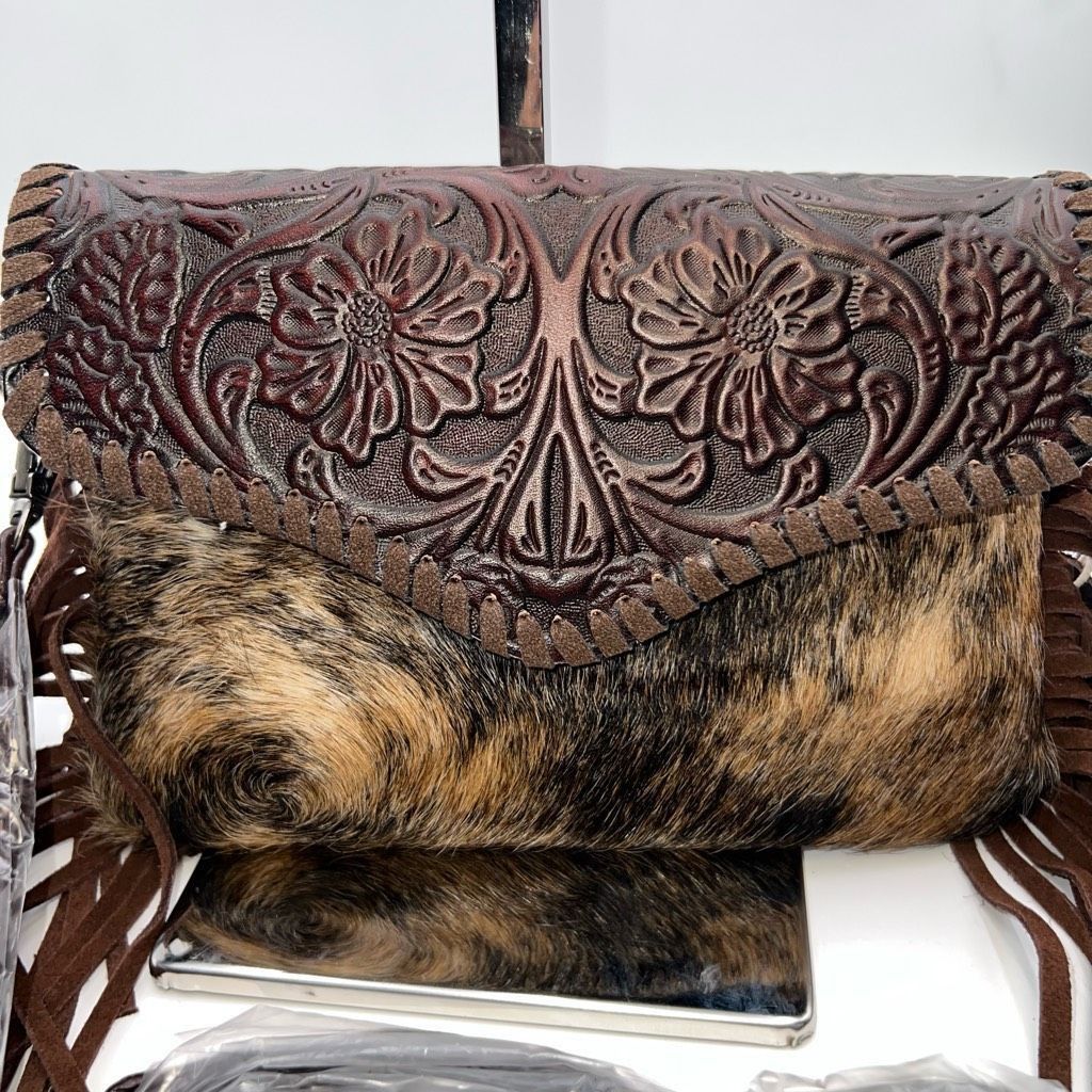 Other Tooled Genuine Leather and Calf Hair Suede Fringe Crossbody/ Wristlet Size ONE SIZE - 2 Thumbnail