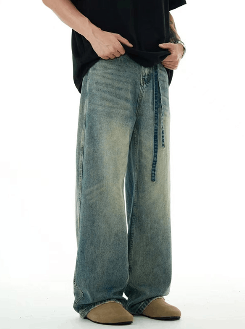 Japanese Brand × Jean Men's blue straight loose washed distressed belt jeans Size US 32 / EU 48 - 2 Thumbnail