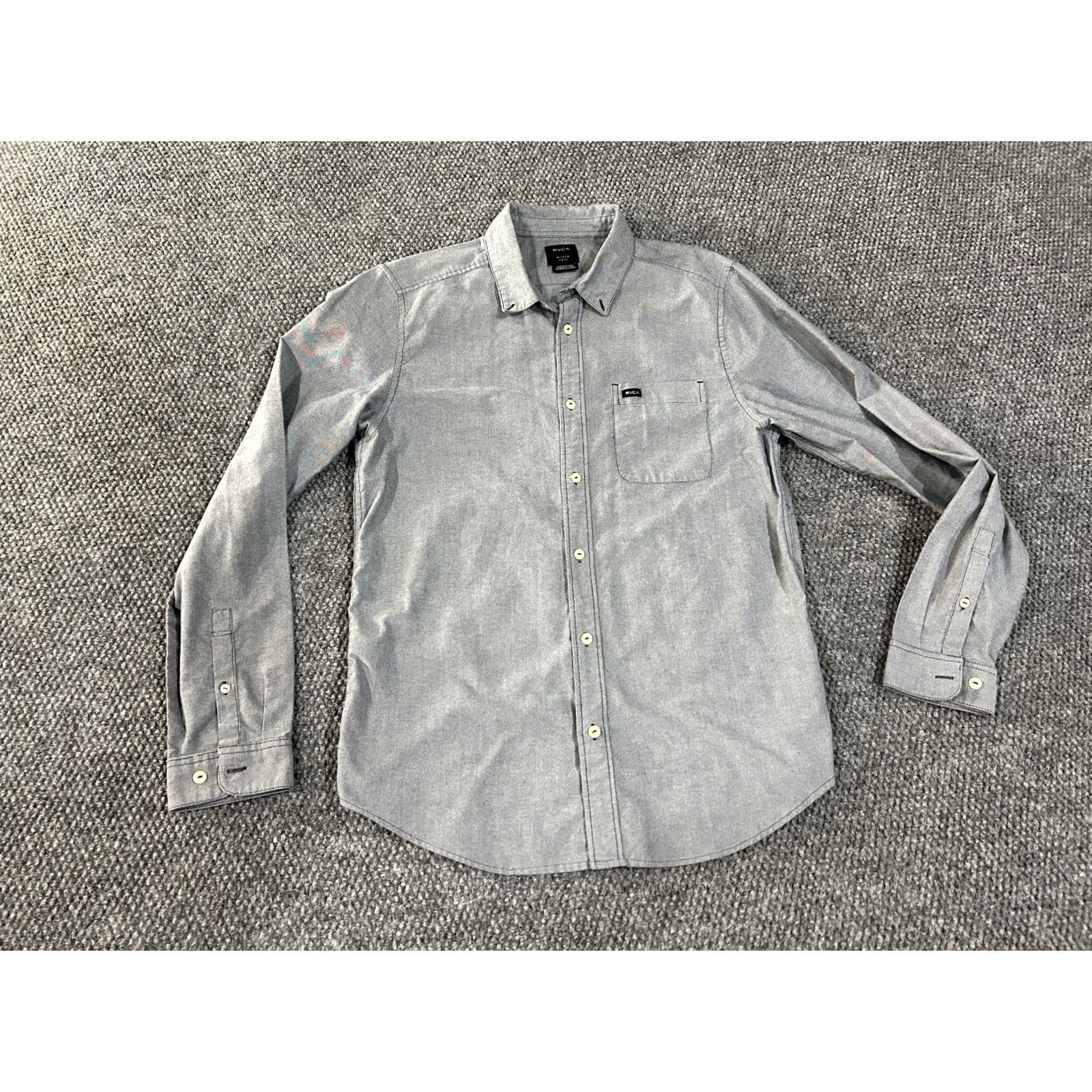 RVCA RVCA Button-Up Shirt Mens Medium Gray Chambray Slim Fit Casual Shirtmen Slim Button-Down Collar Pocketed Button-Up Casual Mens (No extra text) Size US M / EU 48-50 / 2 - 2 Thumbnail
