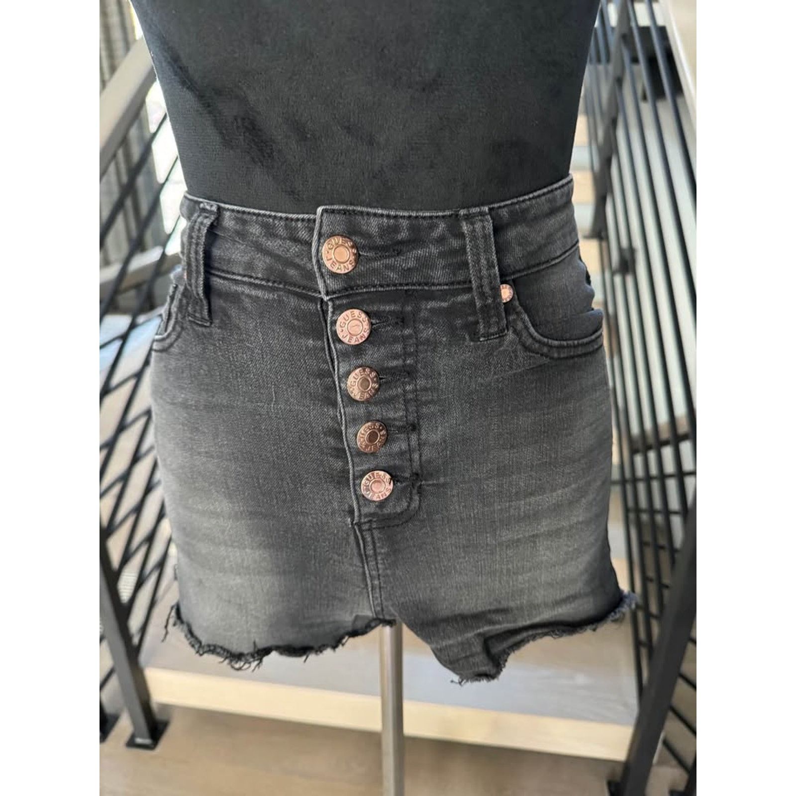 Guess New GUESS High-Waisted Button Fly Black Denim Shorts size 23 Size 23" - 2 Thumbnail