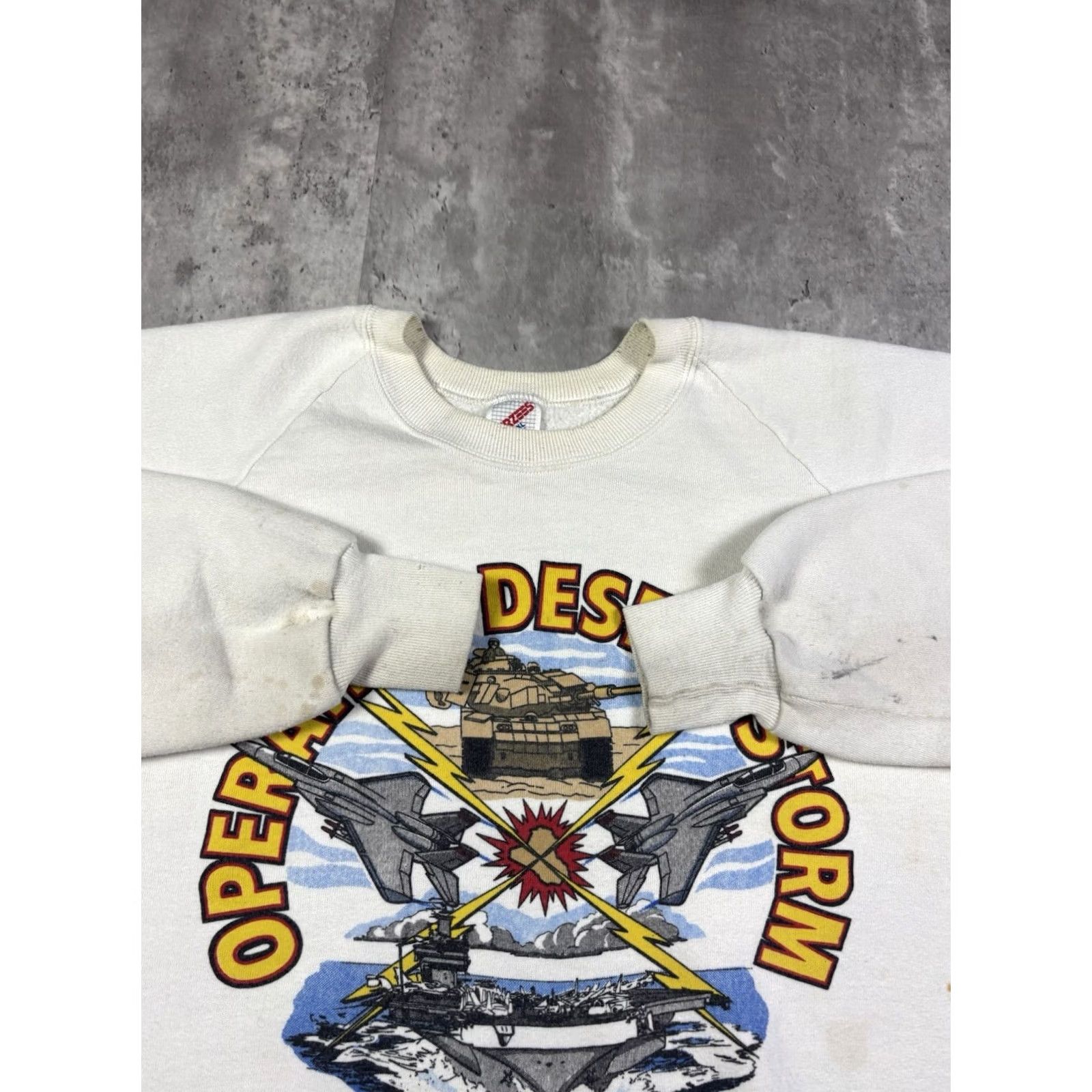 Vintage VINTAGE 80s Operation Desert Storm Military Pullover Sweatshirt White XL Mens Graphic Print Storm Heavyweight Knit Cotton Pullover 1980s US Army Size US XL / EU 56 / 4 - 7 Thumbnail