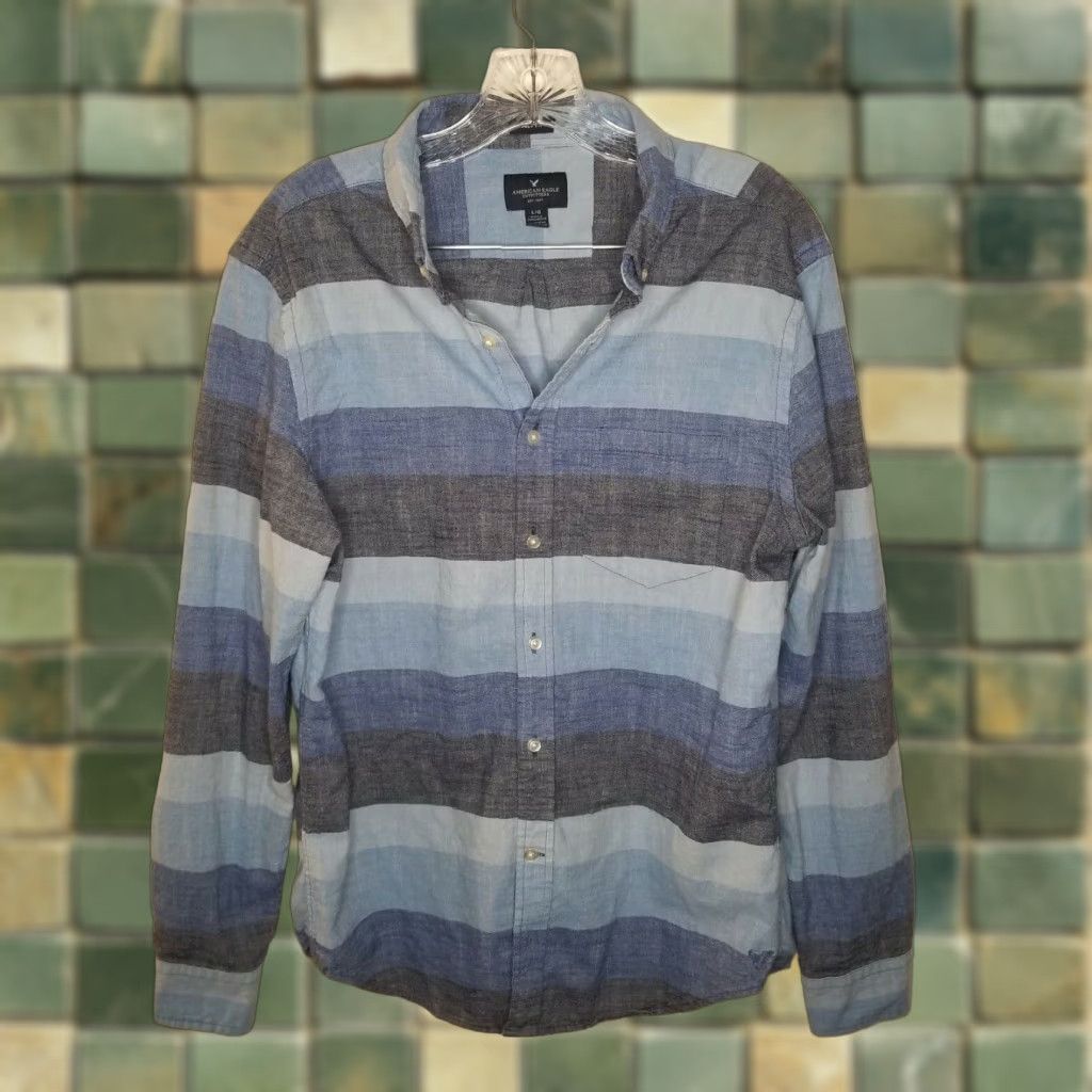American Eagle Outfitters American Eagle Long Sleeve Button Up Shirt Mens Blue Striped Large Size US L / EU 52-54 / 3 - 1 Thumbnail