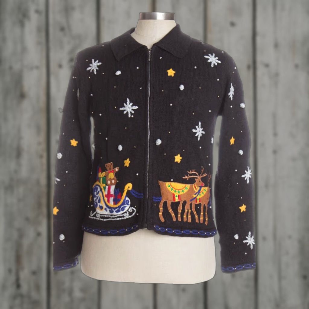 Vintage VINTAGE Designers Orginals Studio Black Cardigan Womens/ Mens 40” Bust 22” Length S Regular Ramie Cotton Christmas Ugly 40428 Size S / US 4 / IT 40 - 1 Preview