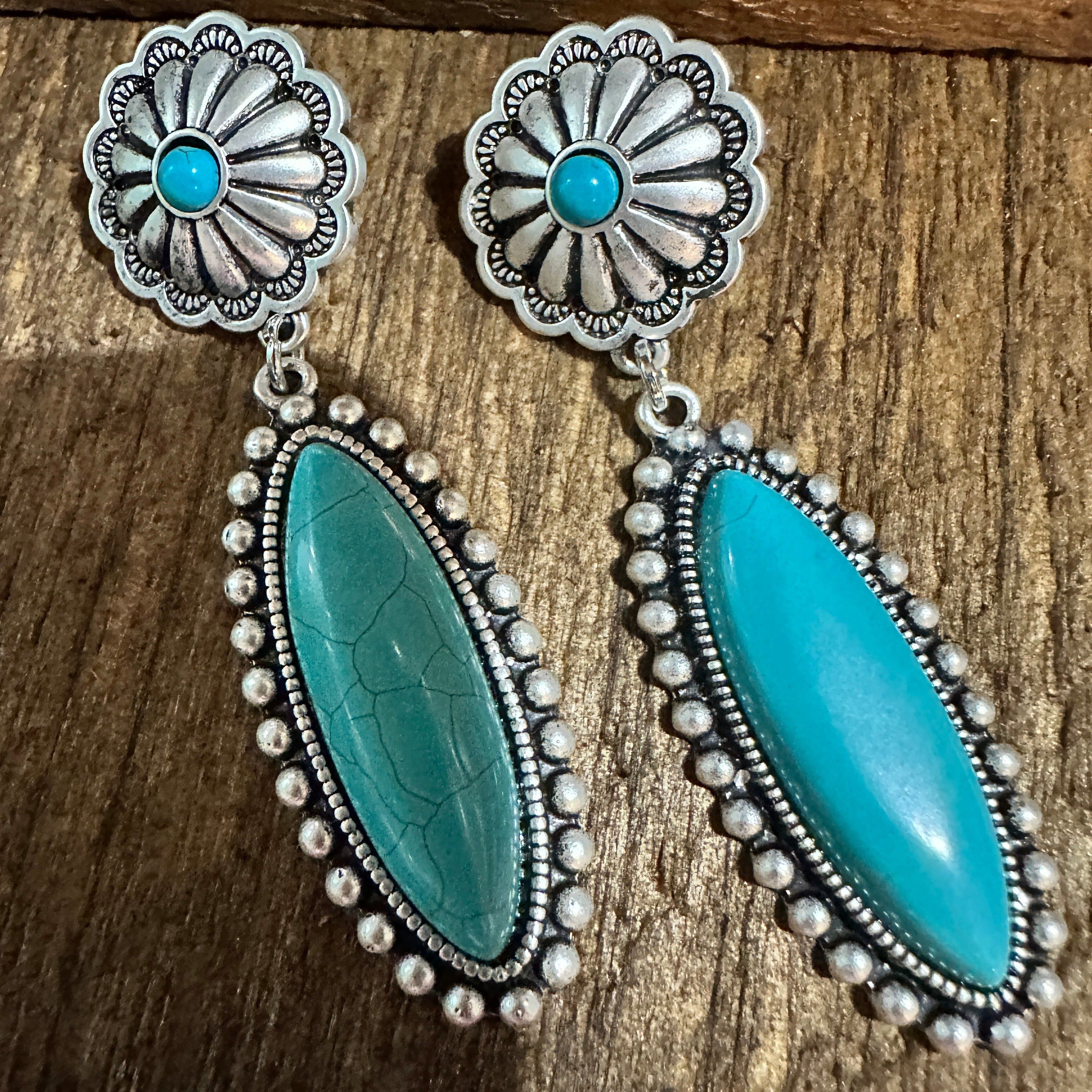Other Turquoise Concho Stud Drop Earrings, Native American Design, Size ONE SIZE - 1 Thumbnail