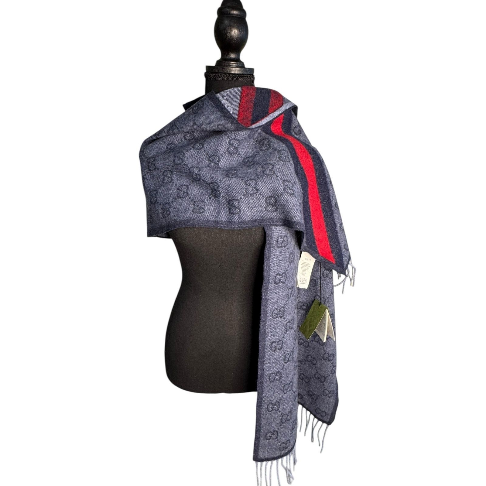 Gucci Gucci Nikky Wool GG Monogram Web Stripe Scarf Midnight Blue Size ONE SIZE - 3 Thumbnail