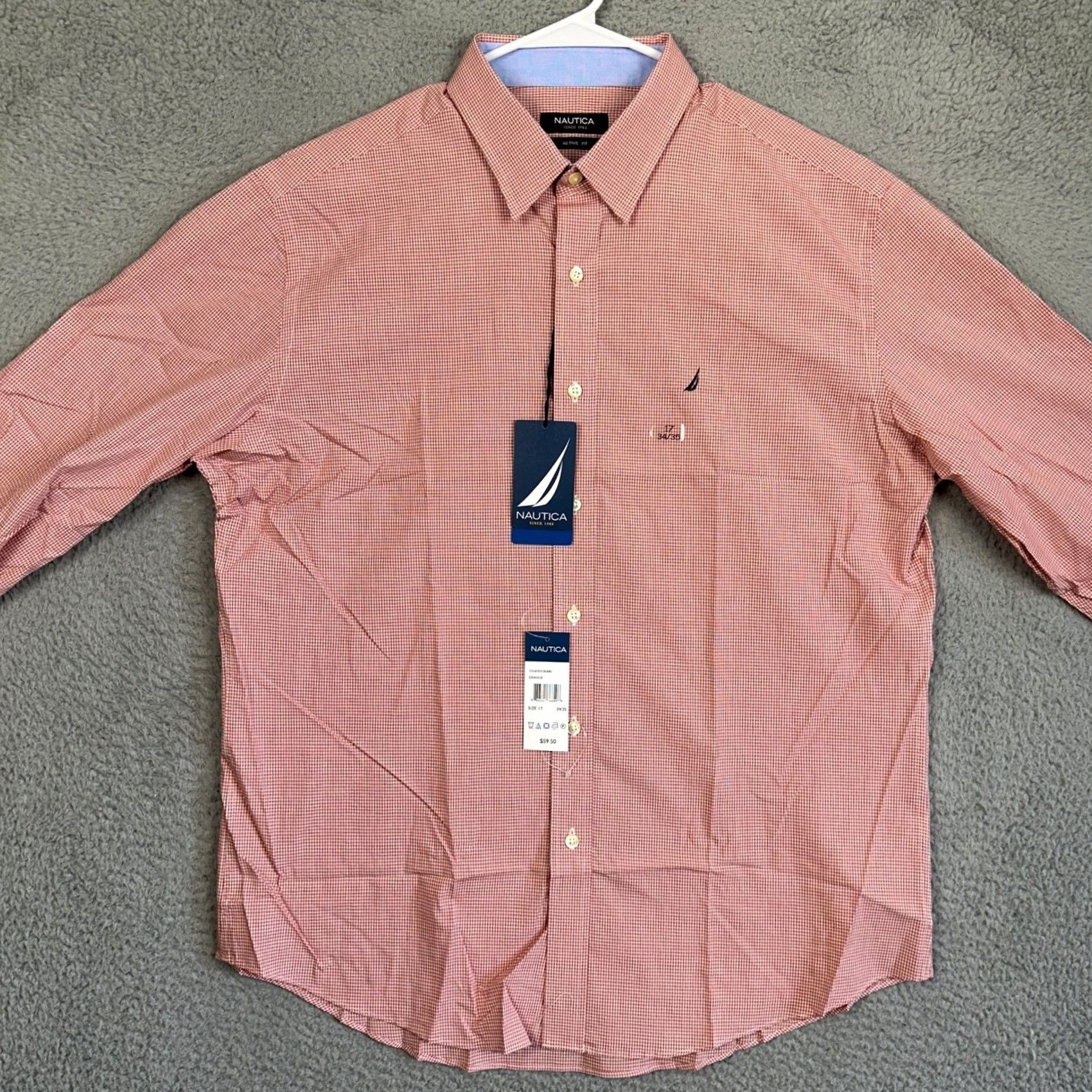 Nautica Nautica Shirt Mens Active Fit Button-Up Orange White Plaid Gingham Checkered Classic Preppy 100% Cotton Long Sleeve Button Navy? Size 46R - 3 Thumbnail
