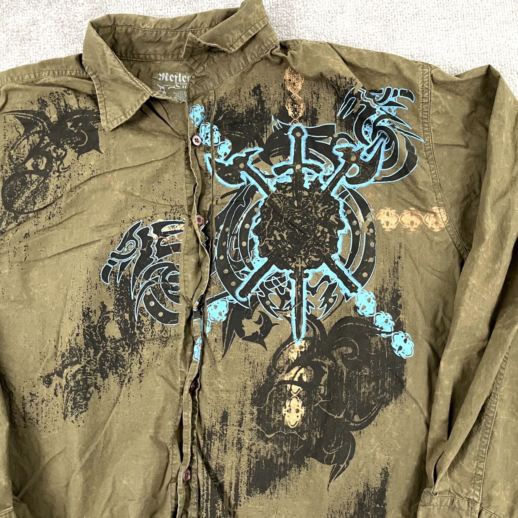 Affliction VINTAGE Affliction Shirt Mens 2XL Green Graphic Button-Up Long Sleeve Casual Grunge Punk Y2K Size US XXL / EU 58 / 5 - 4 Thumbnail