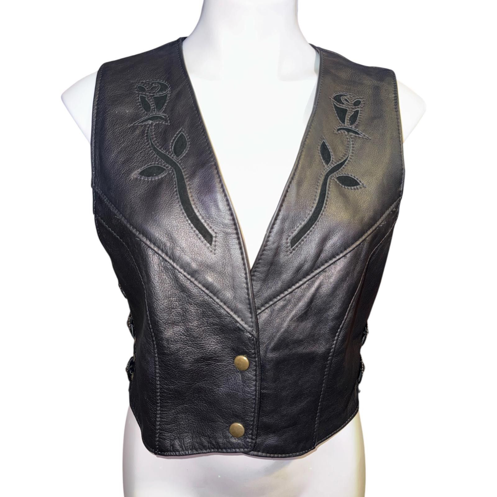 Unknown London Black Leather Women's Vest with Rose Embroidery Size 16 Size ONE SIZE - 1 Thumbnail