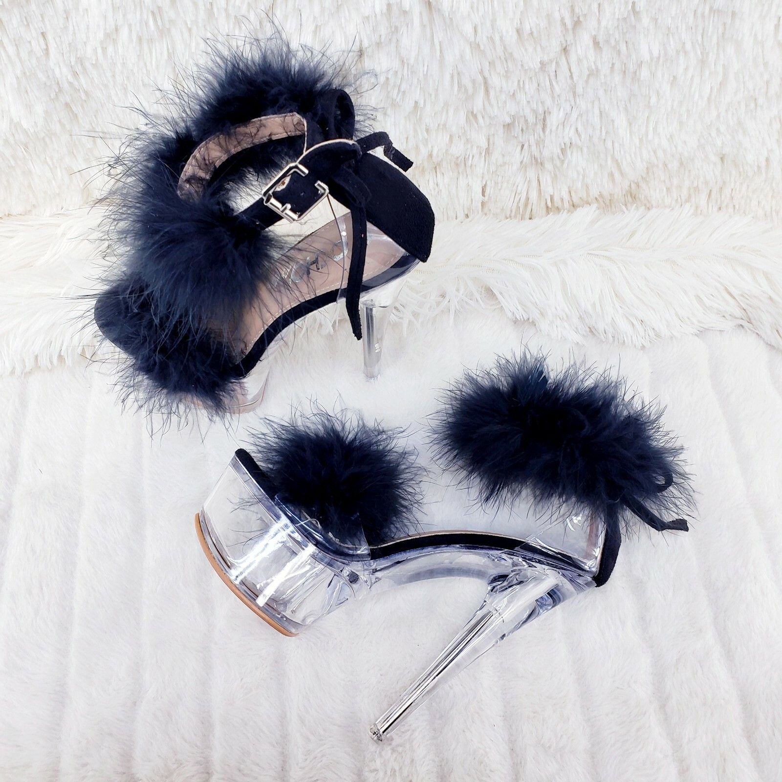 Other Black Marabou Feather Platform Shoes Sandals 6" High Heel Sa Size US 6 / IT 36 - 2 Thumbnail