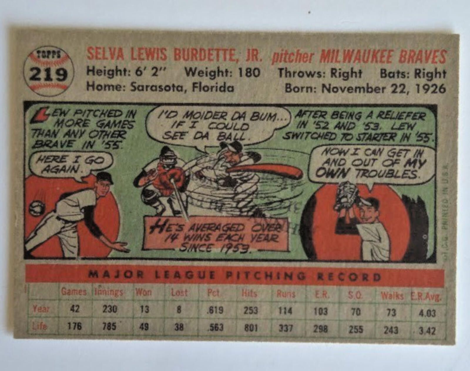 Other 1956 TOPPS BASEBALL #219 LEW BURDETTE BASEBALL CARD Size ONE SIZE - 2 Thumbnail