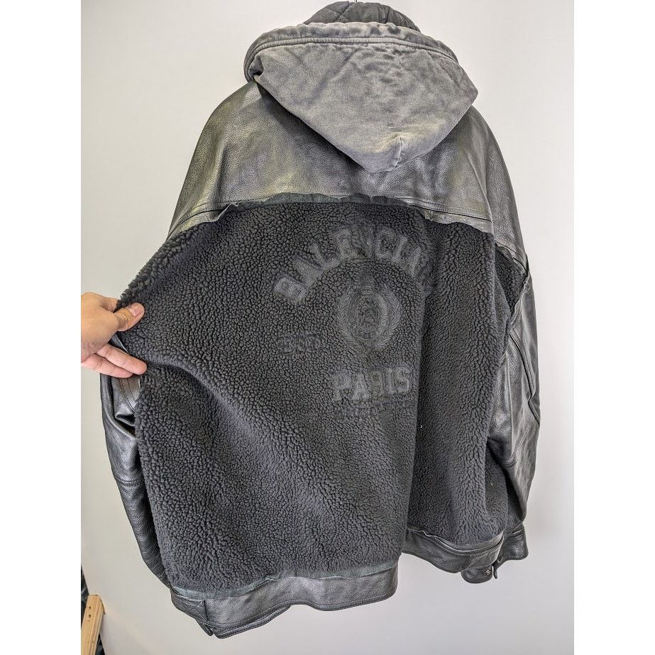 Balenciaga o1rshd1 Leather Sleeve Shearling Fleece Jacket in Black Size US XS / EU 42 / 0 - 18 Thumbnail