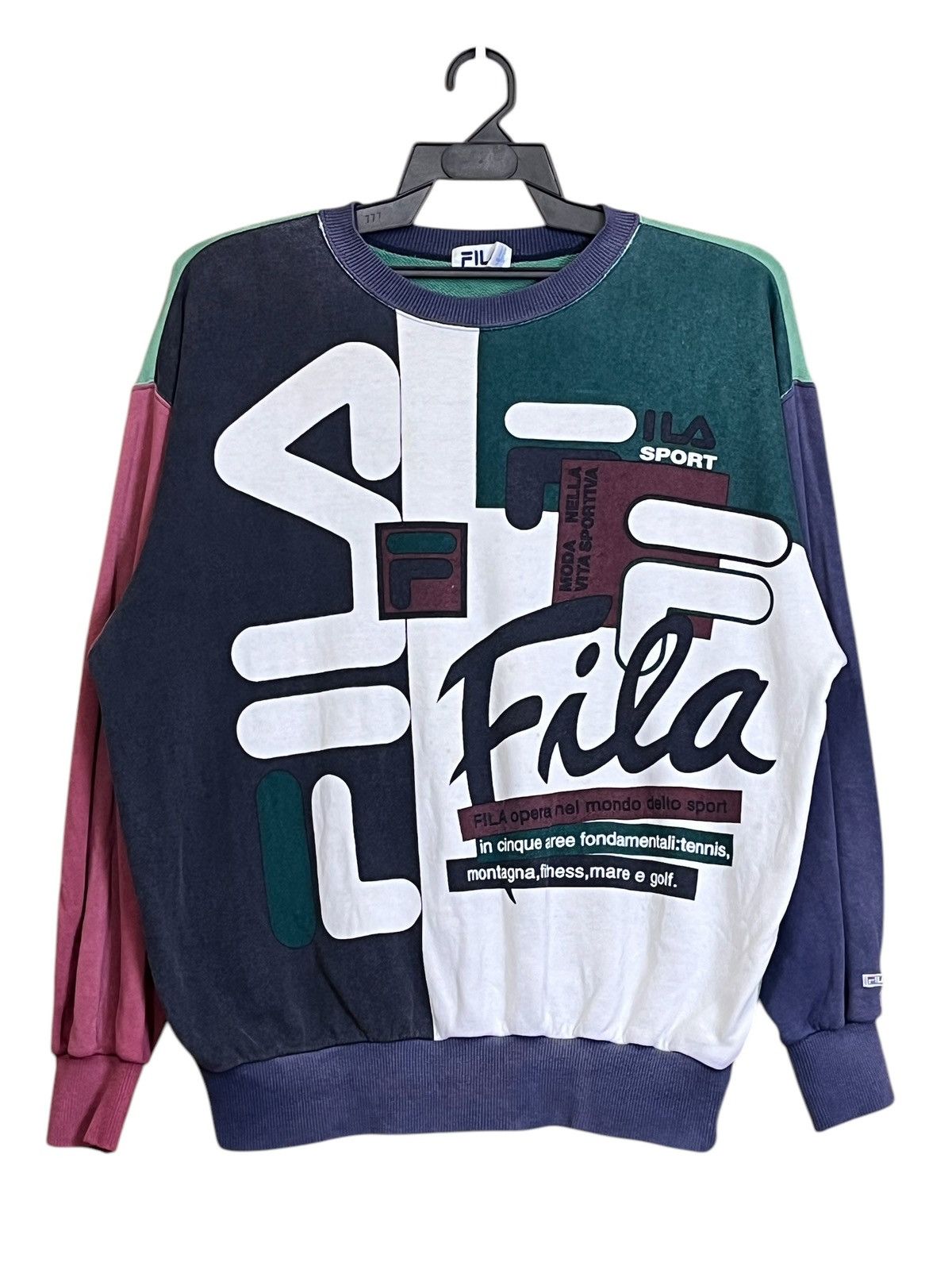VINTAGE 90s FILA MULTICOLOUR BIG LOGO PULLOVER SWEATSHIRT