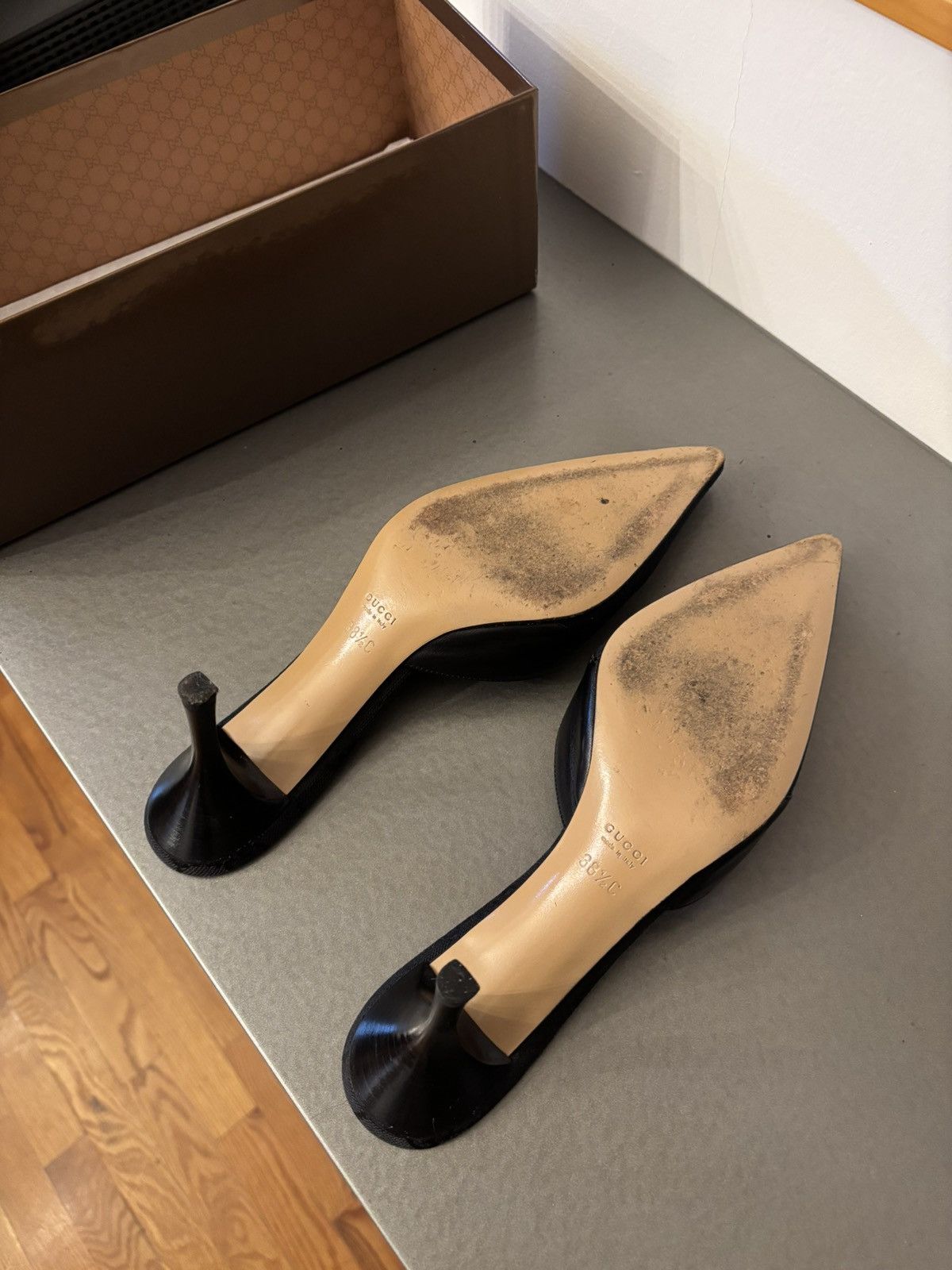 Gucci Black monogram mules grommet accents decorative leather bow Size US 8.5 / IT 38.5 - 10 Thumbnail