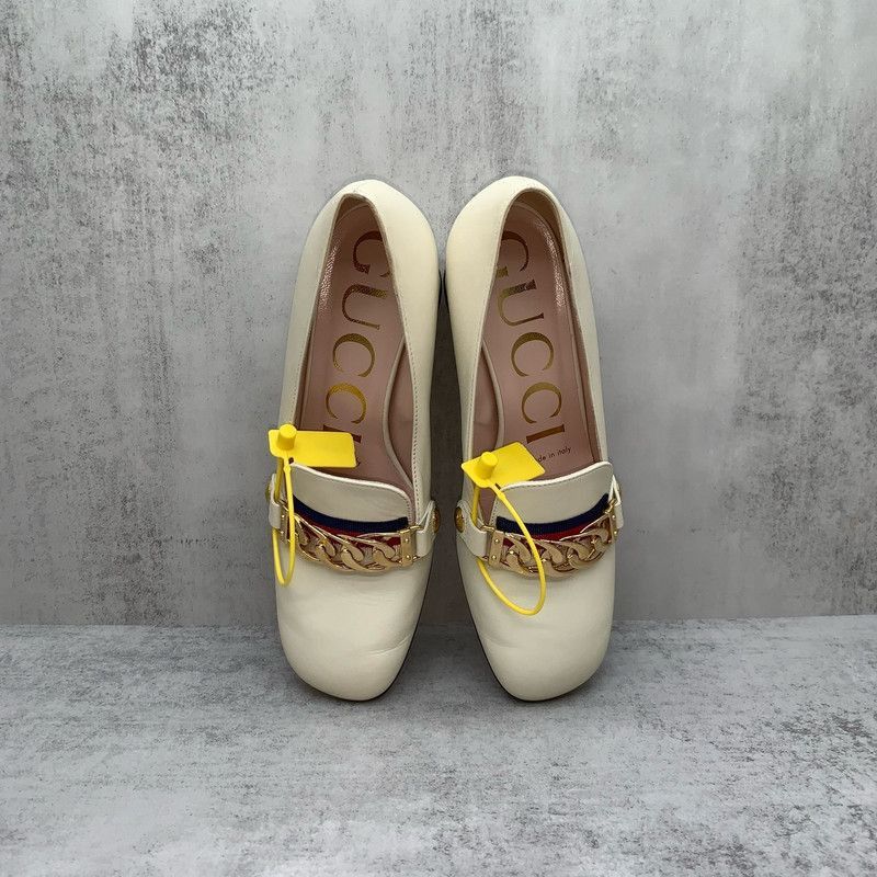 Gucci Gucci Sylvie Beige Leather Chunky Heels Size US 5 / IT 35 - 4 Thumbnail