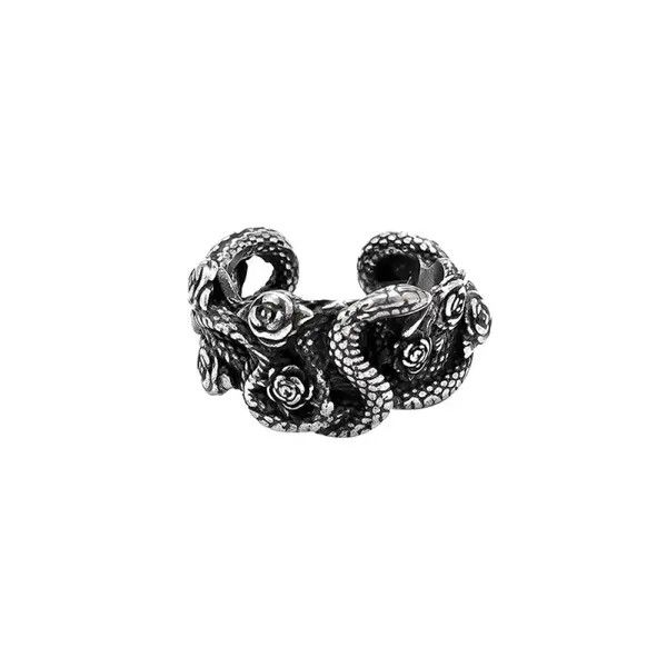 Jewelry Intricate Snake and Rose Silver Ring Size ONE SIZE - 5 Thumbnail