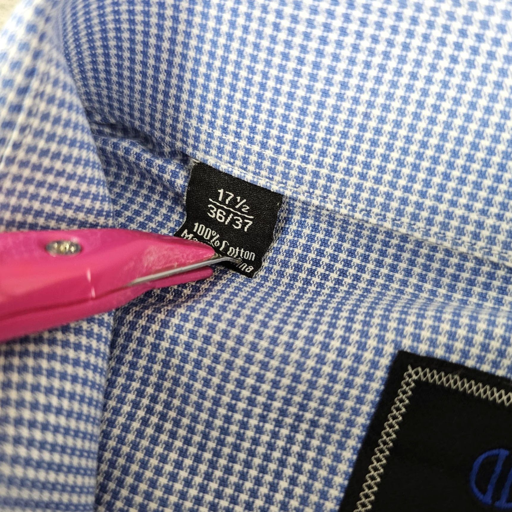 David Donahue David Donahue Shirt Mens 17.5 Blue Houndstooth Cotton Button Front Size 48R - 5 Thumbnail