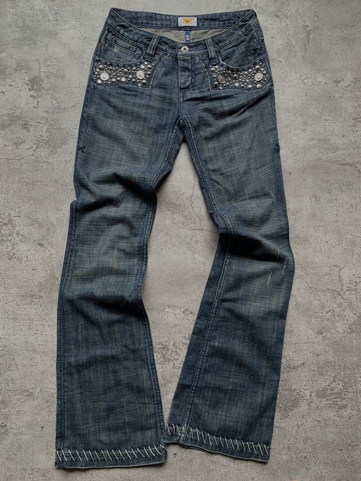 image of Le Grande Bleu L G B x Tornado Mart Antik Denim Studded Flare Jeans in Washed Blue, Men's (Size 26)