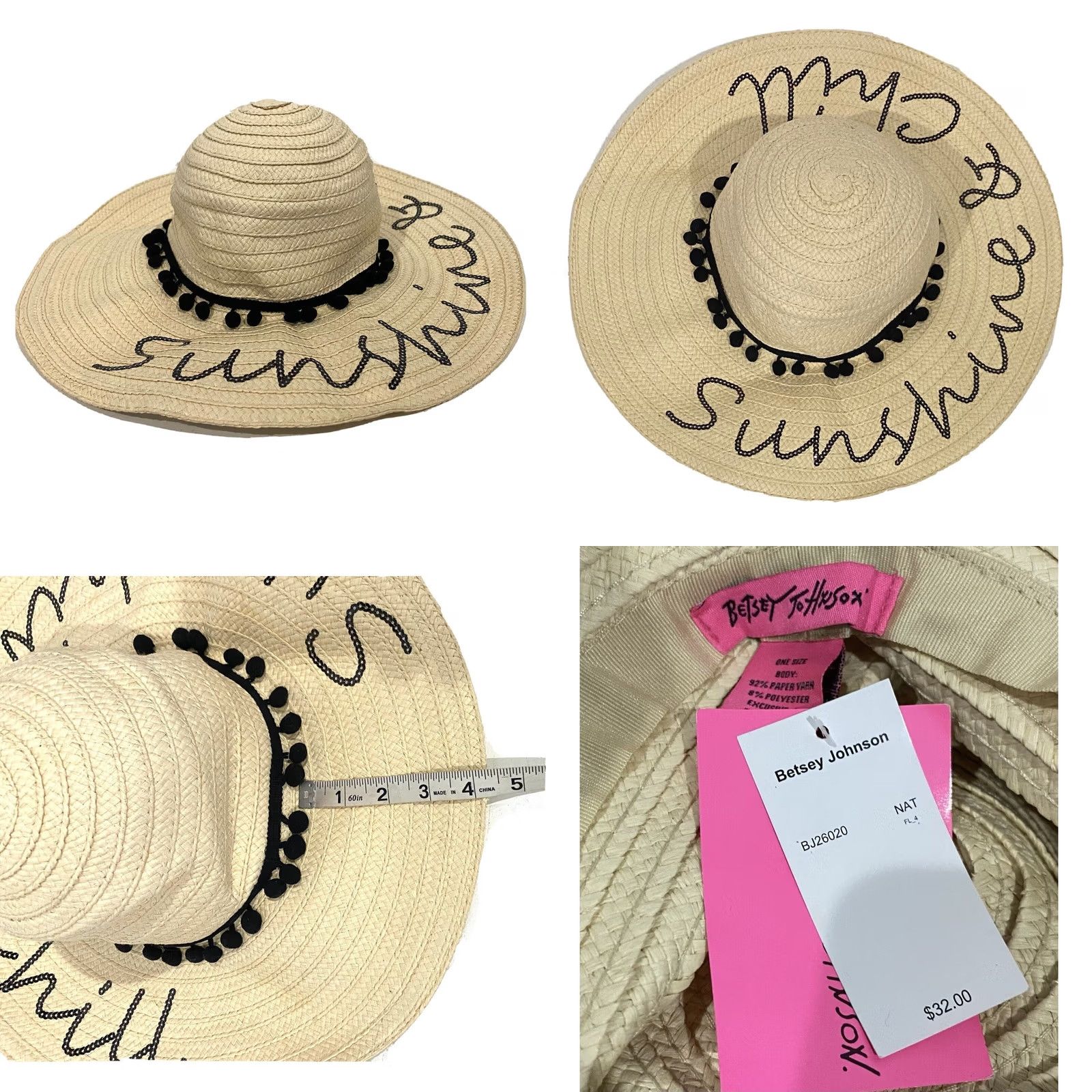 Betsey Johnson Betsey Johnson Sun Hat Women Wide Brim Beige Black Pom Pom Straw Hat Beach Vacation Sun Hat 22” Interior Circumference Size ONE SIZE - 8 Thumbnail