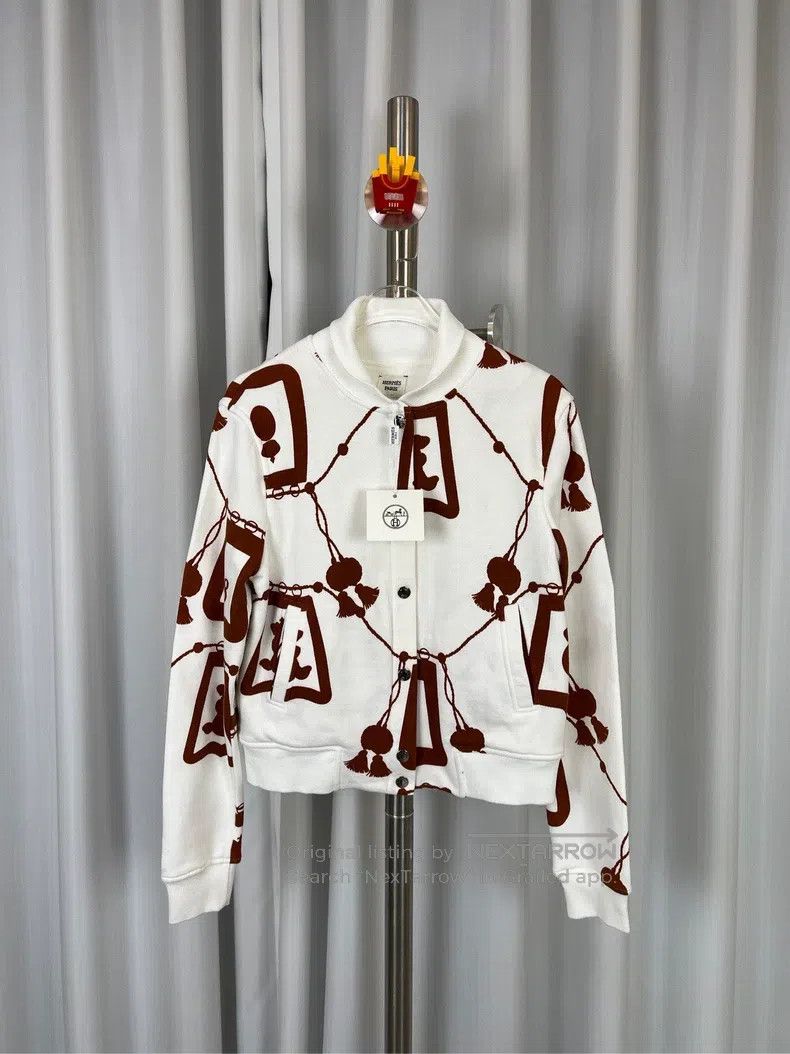 Hermes Hermes White Pattern Printed Tweed Pilot Jacket Size XXS / US 00 / IT 34 - 1 Thumbnail