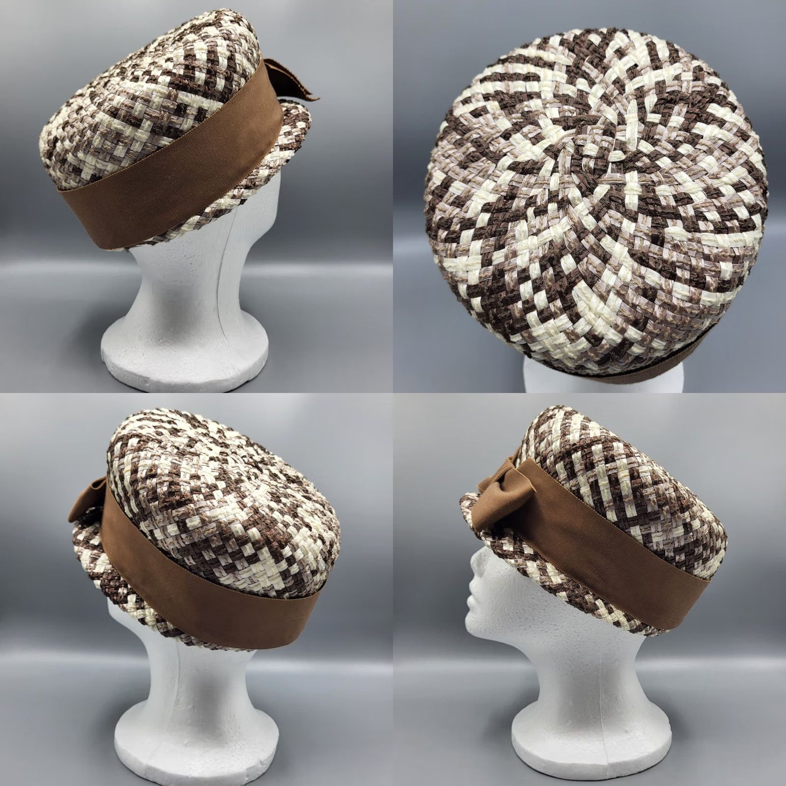 Vintage VINTAGE Union Made USA 1950s Womens Cloche Hat Raffia Straw Brown Ribbon Bow Size ONE SIZE - 8 Thumbnail