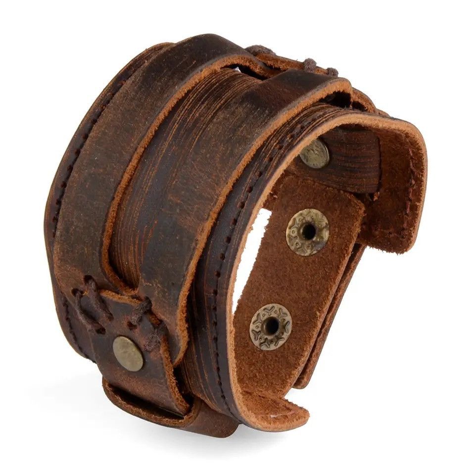 Leather × Vintage Chanfar Hot Fashion Punk Rivet Wide Leather Bracelets Size ONE SIZE - 1 Preview