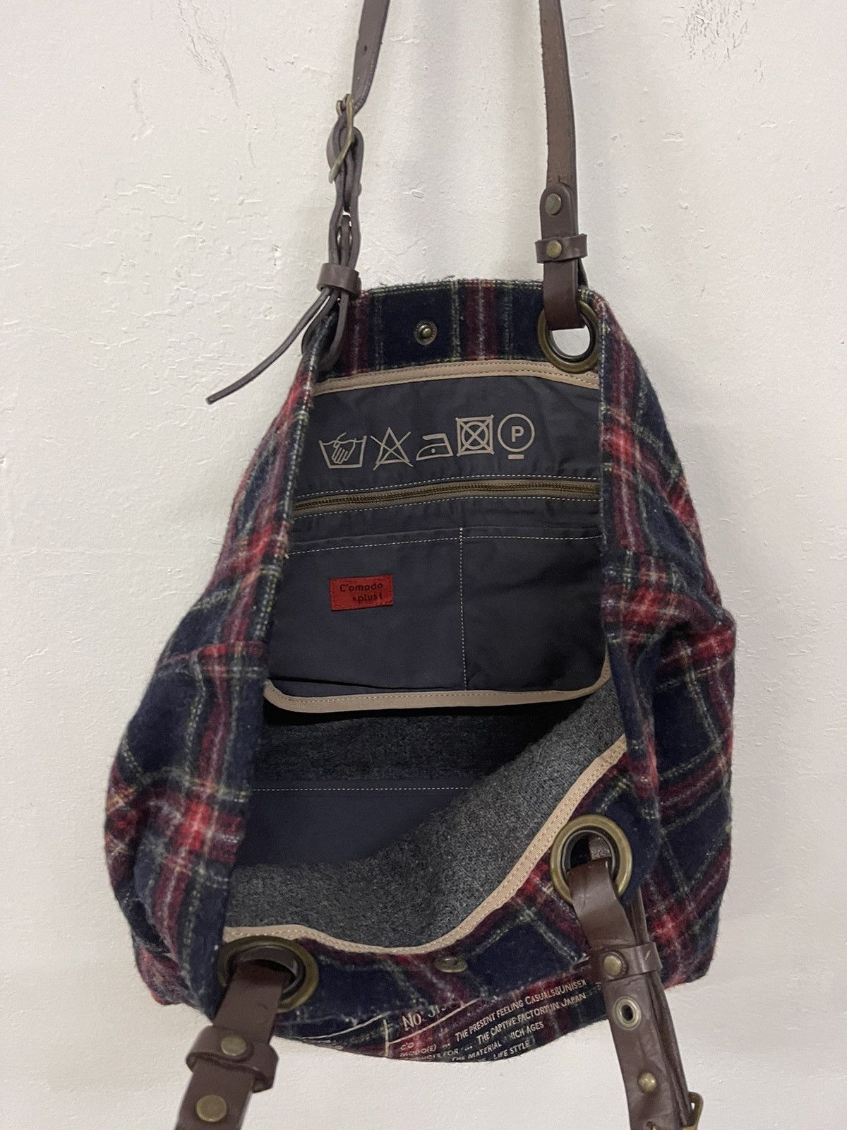 Japanese Brand × Vintage C’omodo +plus t japan wool plaid leather handle strap tote Size ONE SIZE - 7 Thumbnail