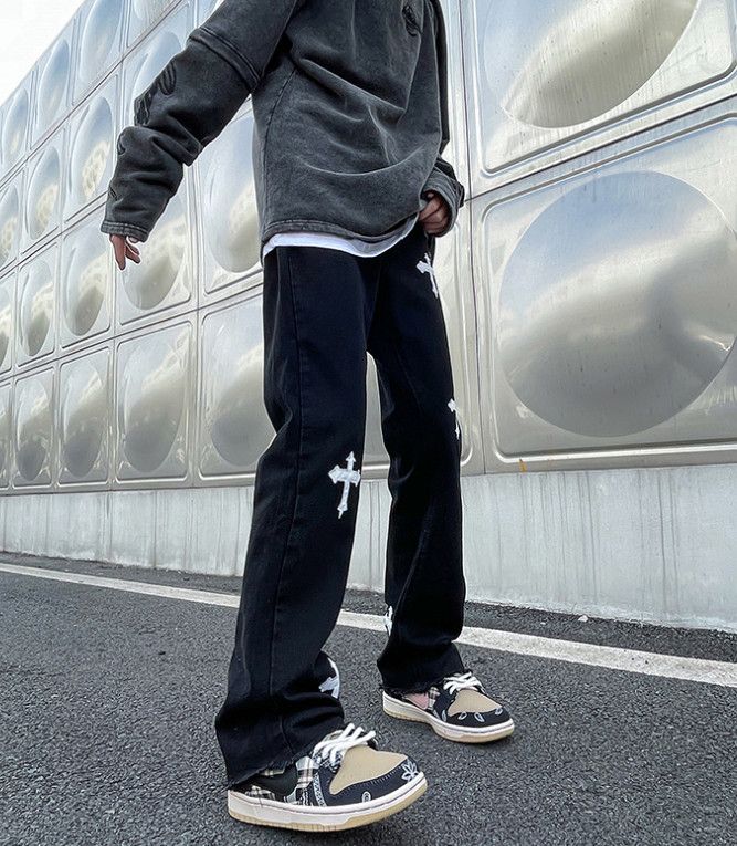Japanese Brand Men's high street loose straight cross embroidered jeans Size US 32 / EU 48 - 5 Thumbnail
