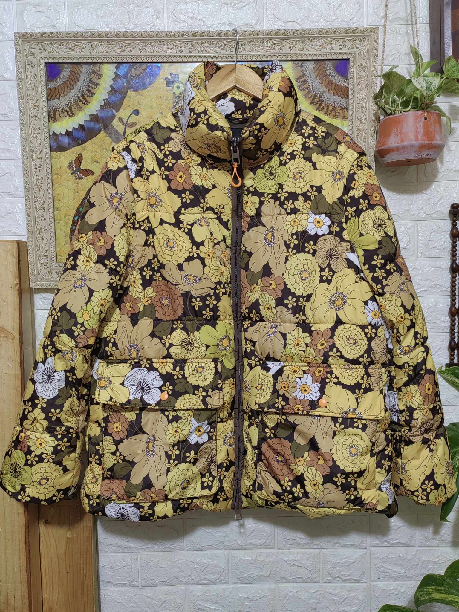 image of Zara Floral Puffer 2In1 Jacket in Yellow, Women's (Size Small)