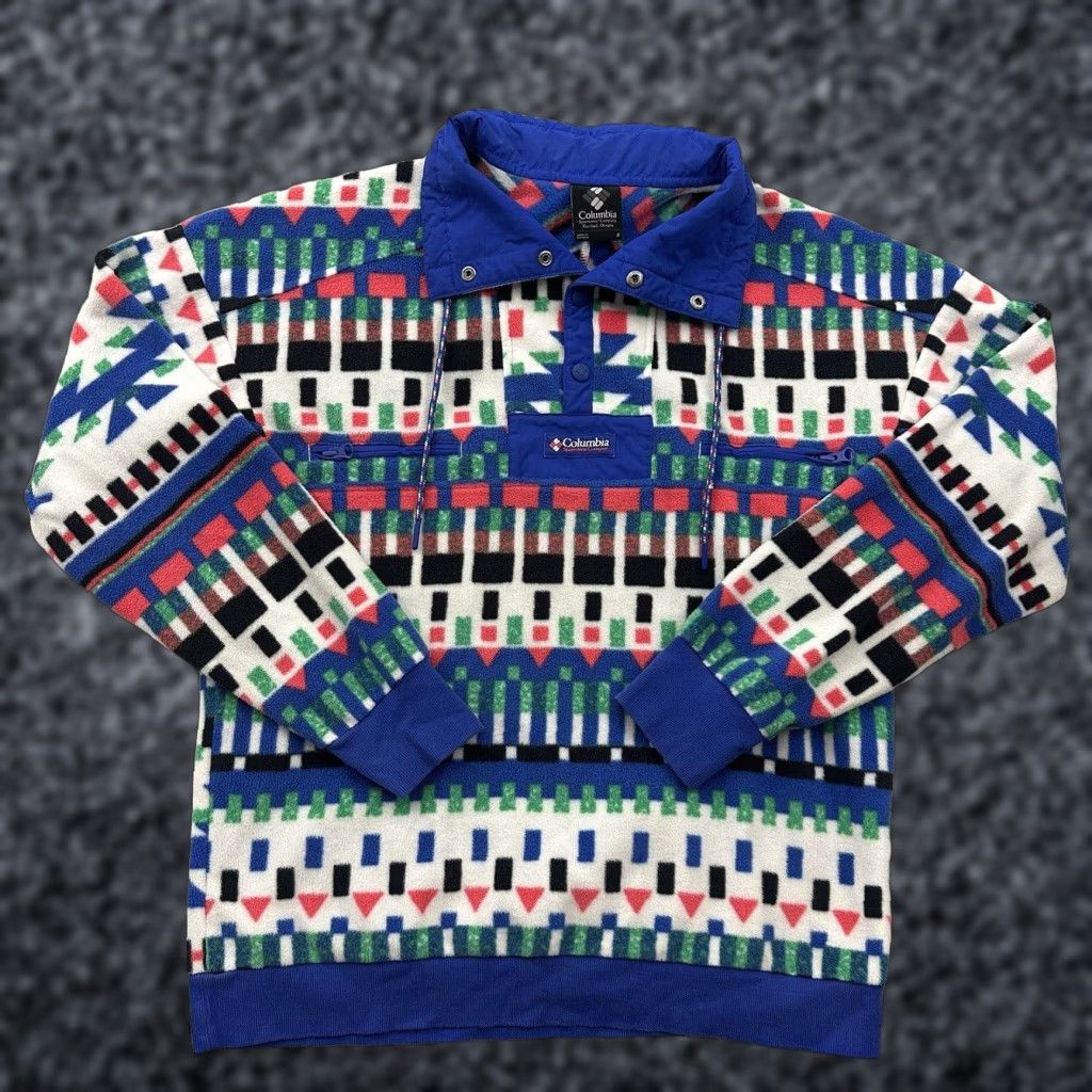 Vintage VINTAGE Columbia Powder Keg Fleece Pullover White Print Lapis Blue AM2206 Size US S / EU 44-46 / 1 - 1 Thumbnail