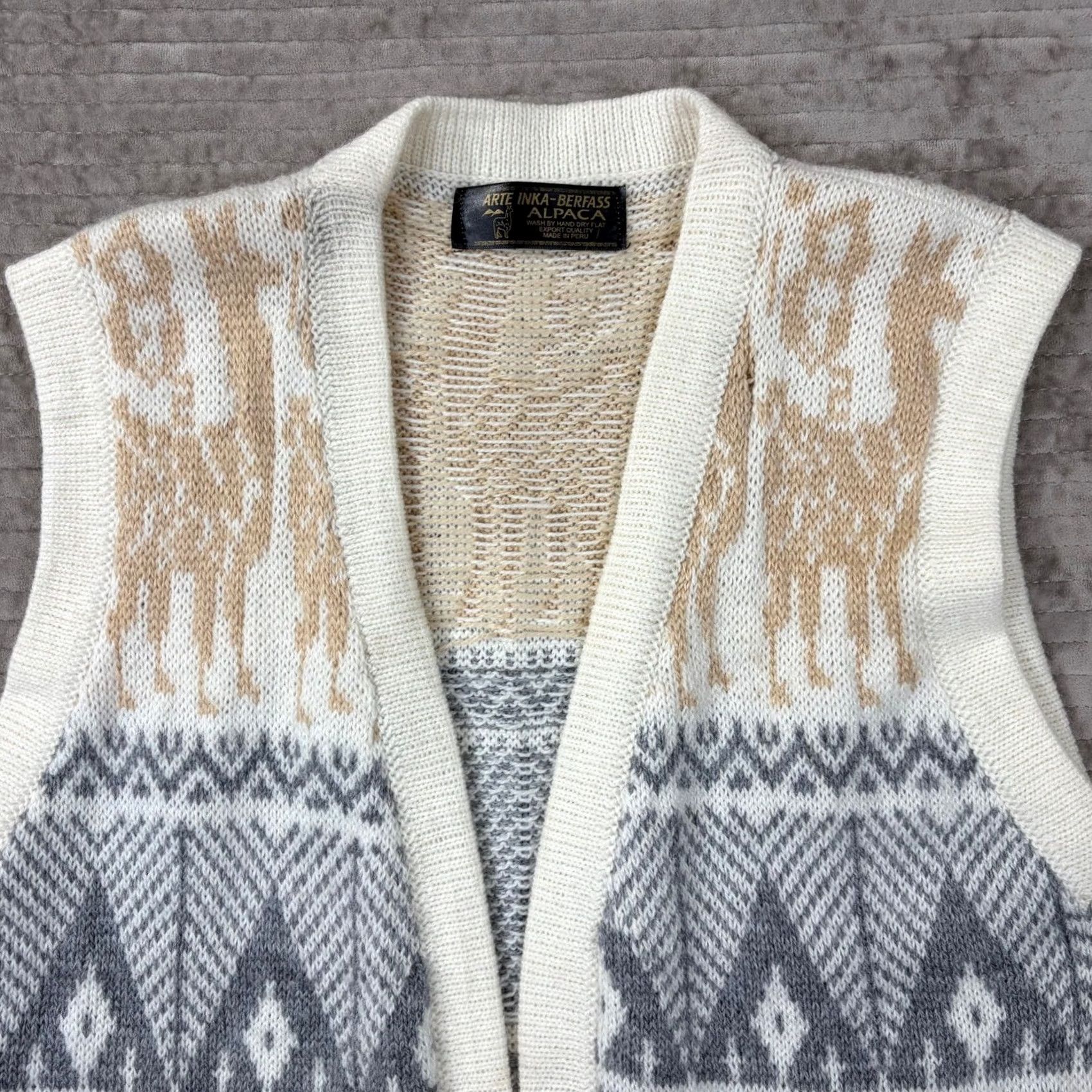 Vintage Arte Inka-Berfass Alpaca Wool Knit Vest Llama Peruvian Open Front Cream Grey Tan M Size M / US 6-8 / IT 42-44 - 3 Thumbnail