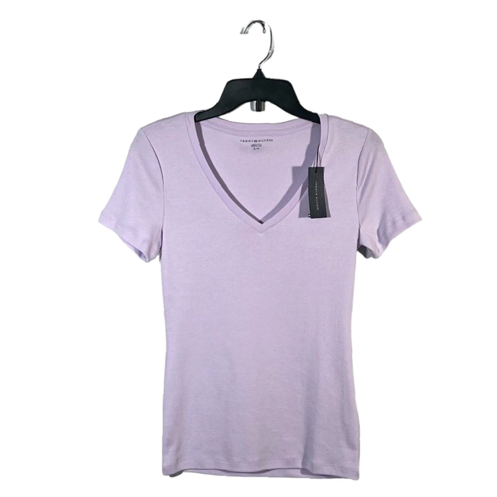 Tommy Hilfiger Tommy Hilfiger Women's V-Neck Top Shirt S Lavender 100% Cotton Stretch (Solid) Short Sleeve Casual Fall Spring Summer Womens Size S / US 4 / IT 40 - 2 Thumbnail