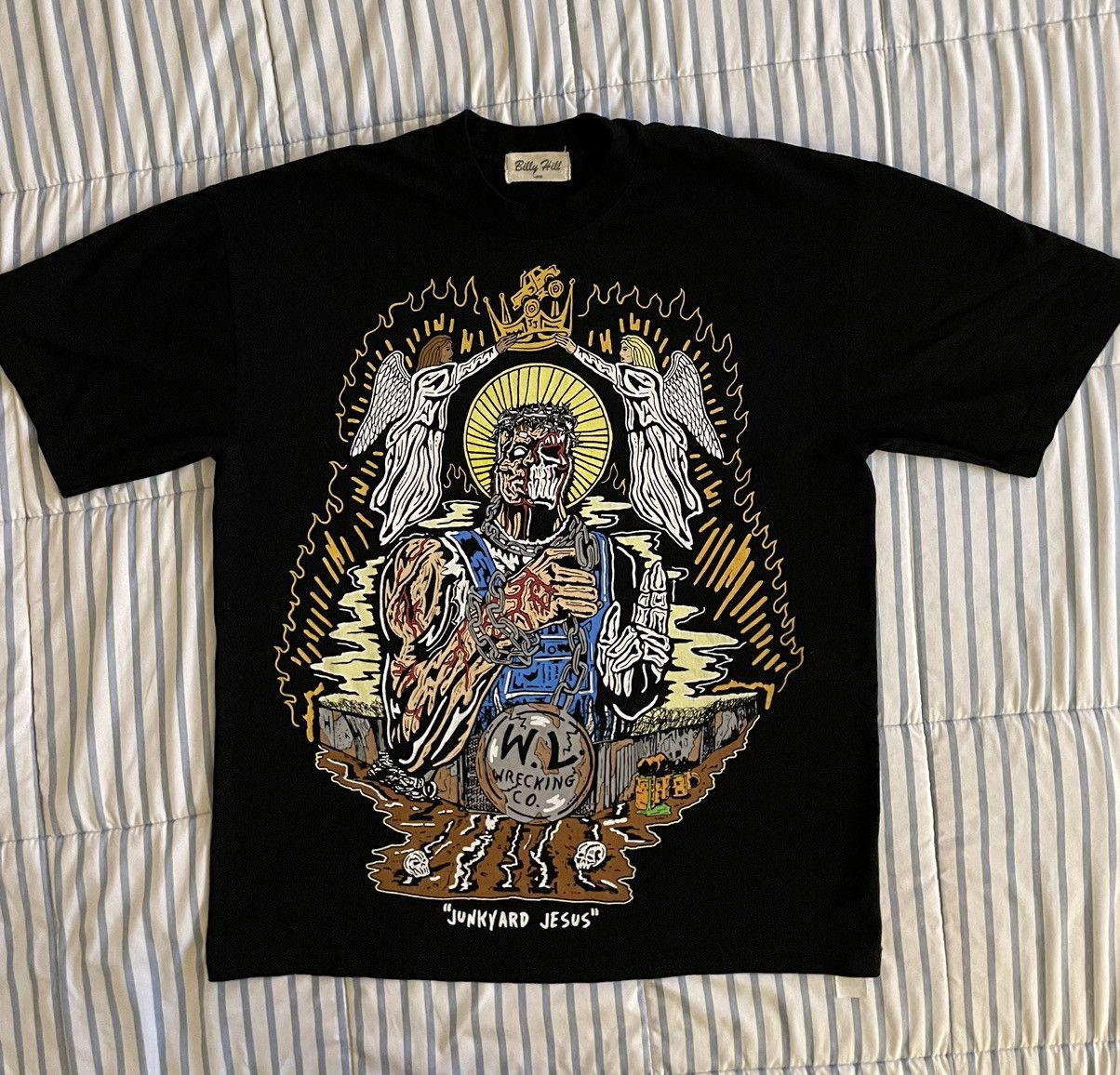 image of Billy Hill x Warren Lotas Junkyard Jesus T-Shirt in Black, Men's (Size XL)