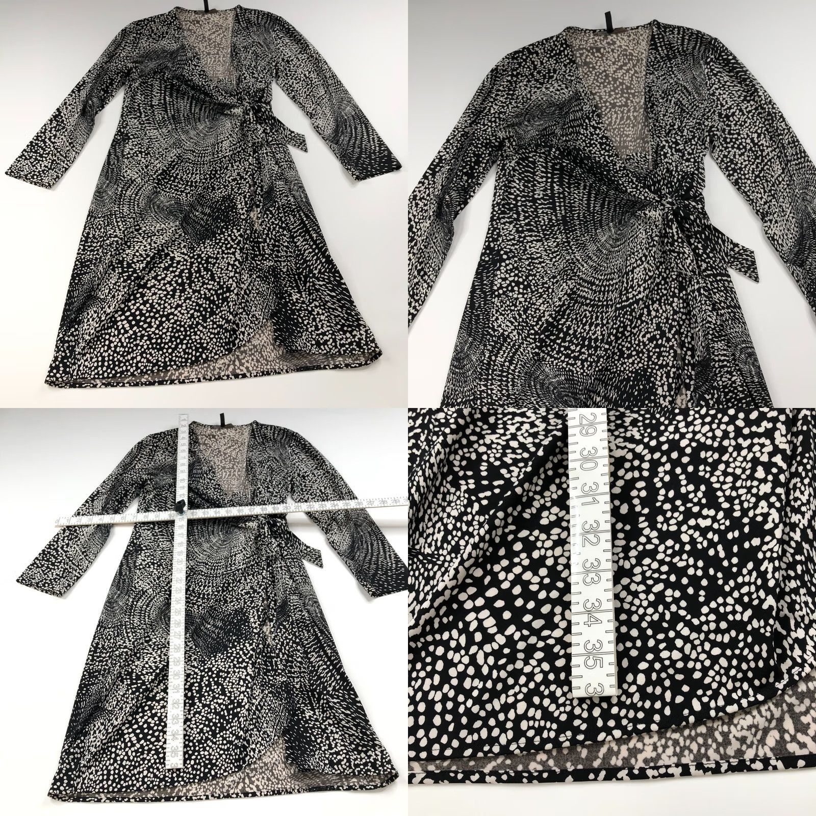Bcbgmaxazria BCBGMAXAZRIA Dress V-Neck Faux Wrap Knee Length Black Ivory Womens L Sleeve Pullover Pattern All Over Print Casual Party/Cocktail Size L / US 10 / IT 46 - 8 Thumbnail