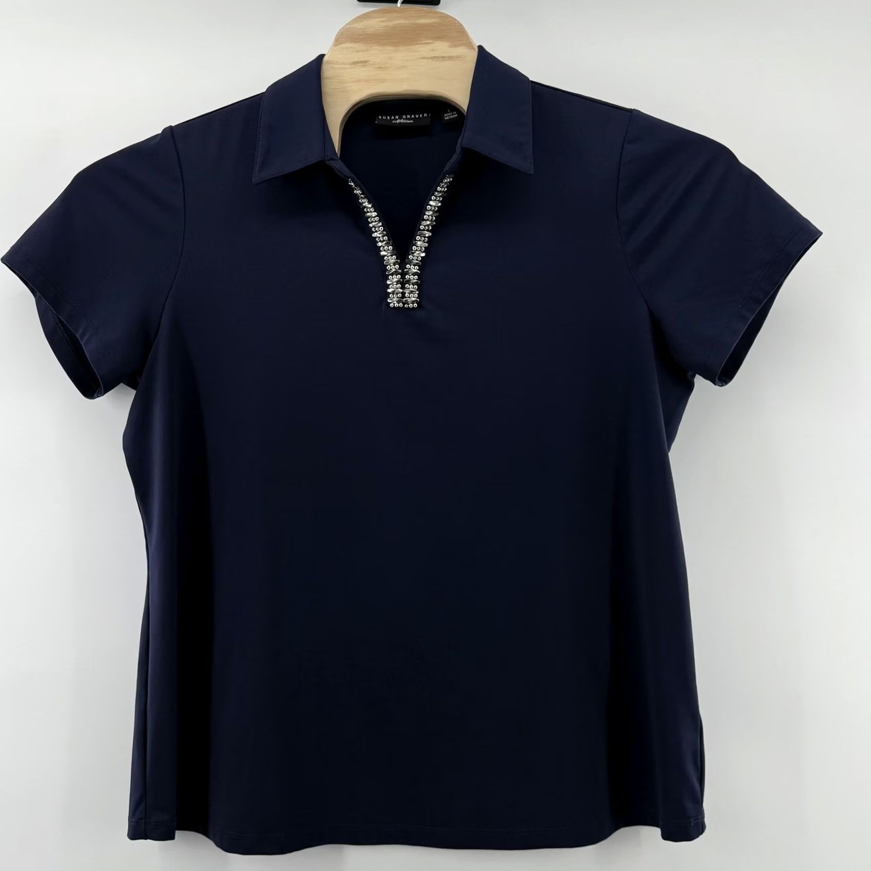 Vintage Susan Graver Artisan Polo Navy Blue Embellished Collar Stretch Nautical Size L / US 10 / IT 46 - 4 Thumbnail