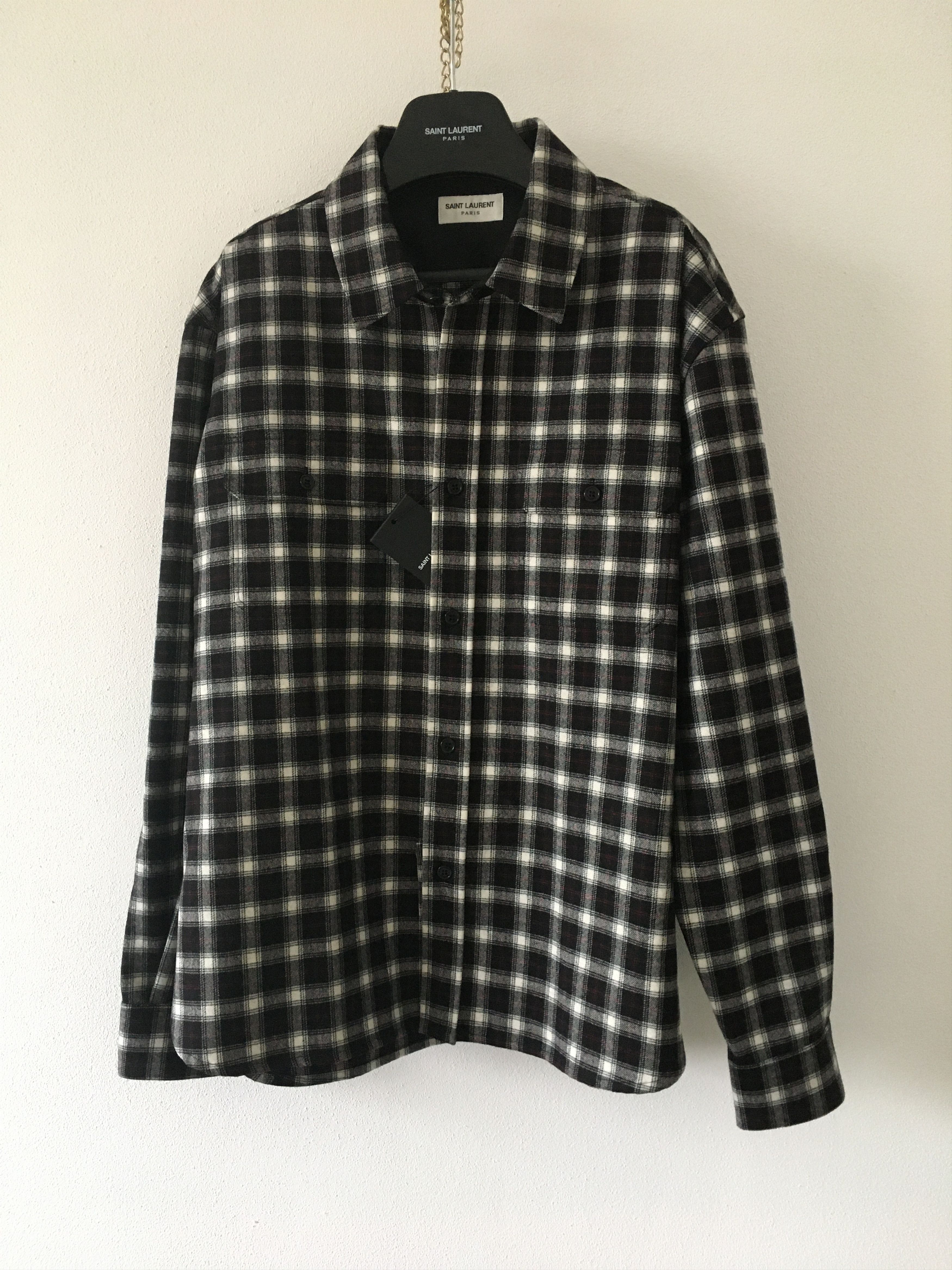 image of Saint Laurent Paris Shirt Checkered In Wool And Cashmere in Black White, Men's (Size XL)