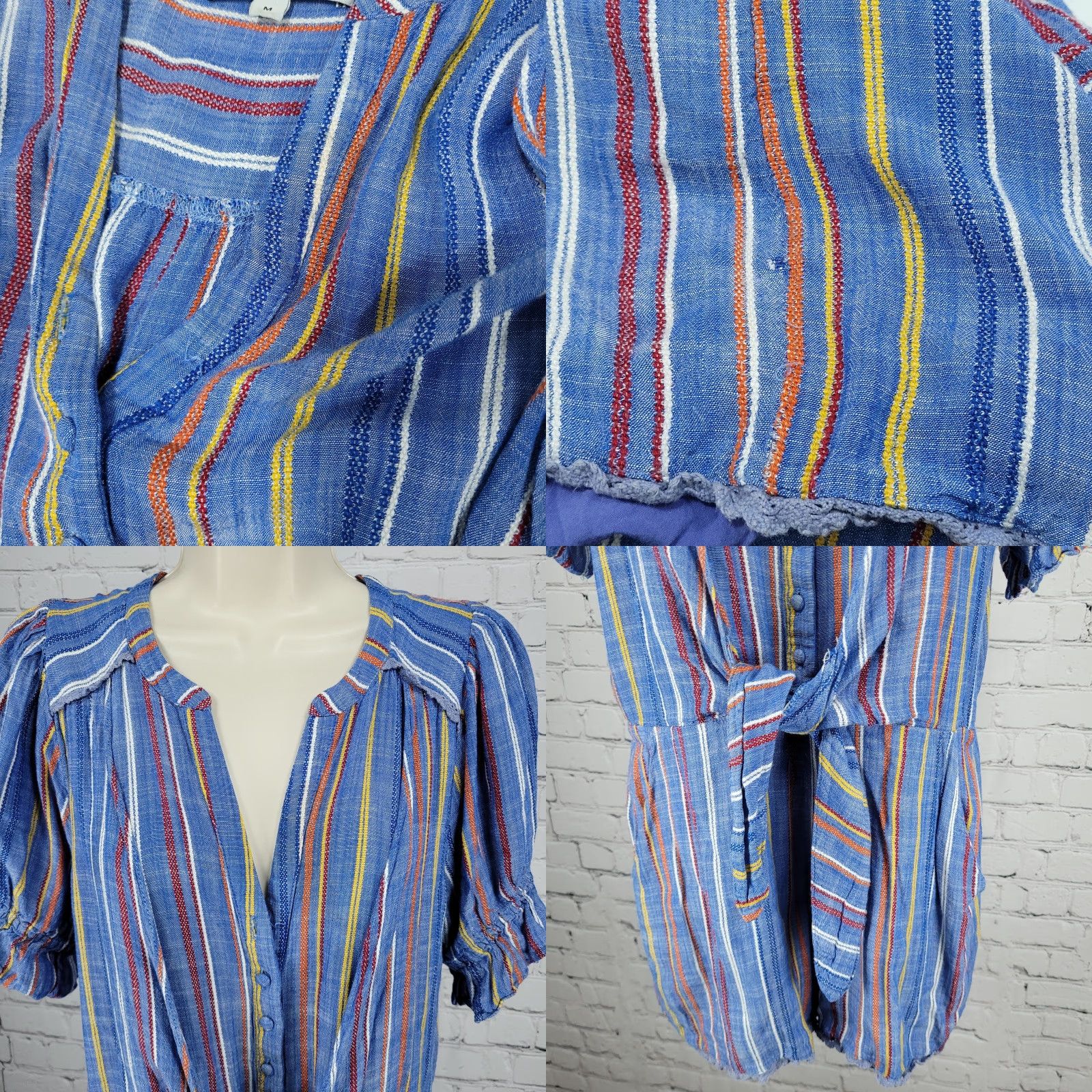 Vintage VINTAGE Adelyn Rae Striped Short Sleeve Romper M Blue Crochet Trim Front Tie Puff Sleeve V-Neck Casual Womens Size 32" / US 10 / IT 46 - 8 Thumbnail