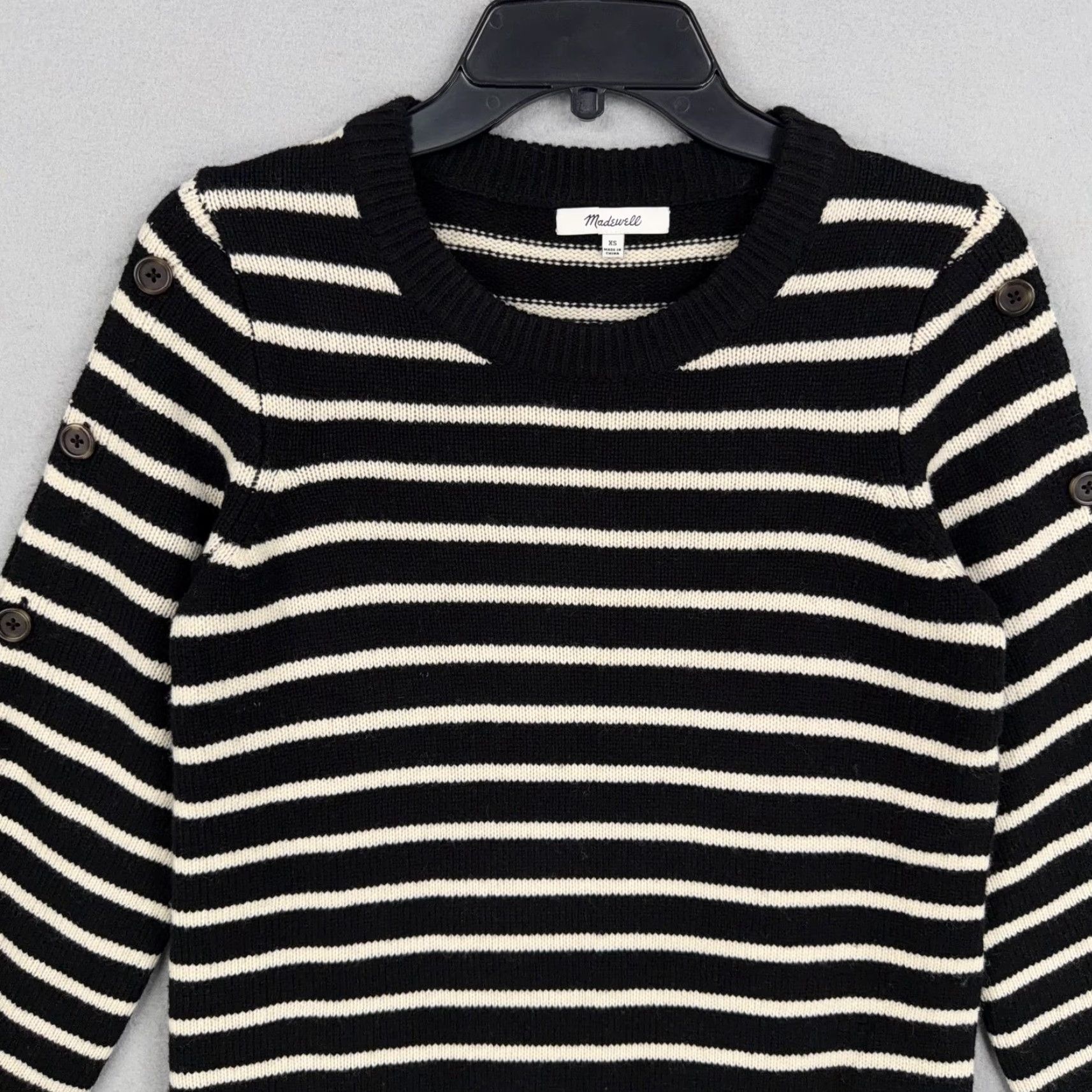 Madewell Madewell Sweater Dress Womens XS Black Stripe Merino Wool Knit Crewneck Button Sleeve Tunic Short Dress Size XS / US 0-2 / IT 36-38 - 2 Thumbnail