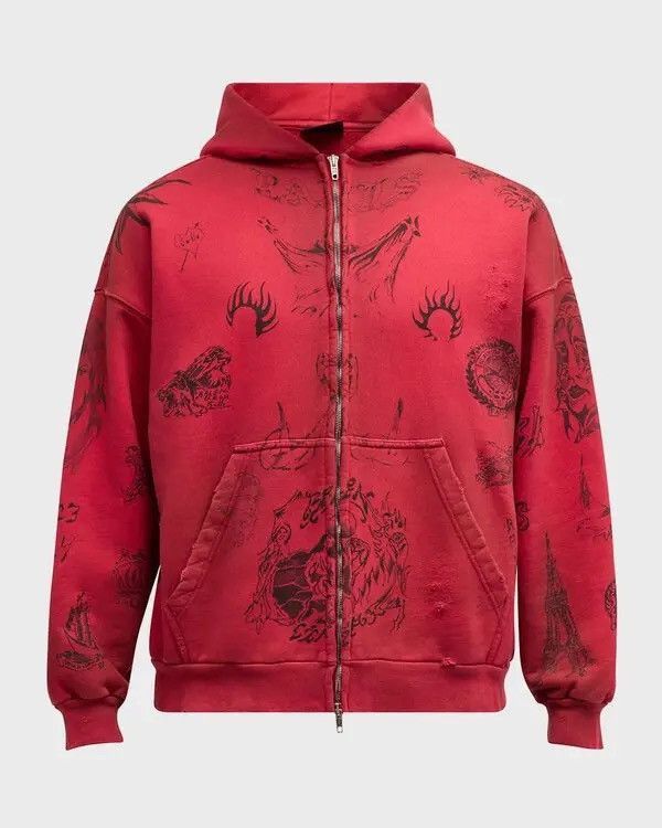 Balenciaga Tattoo Heavy Fleece Zip Hoodie in Red Size US M / EU 48-50 / 2 - 1 Thumbnail