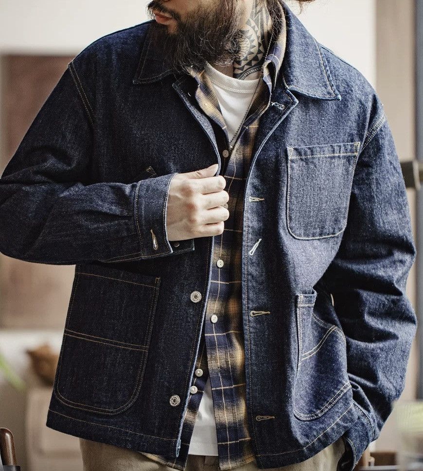 image of Vintage Retro Fashion Multi Pocket Denim Blazer Jacket Coat in Blue, Men's (Size XL)