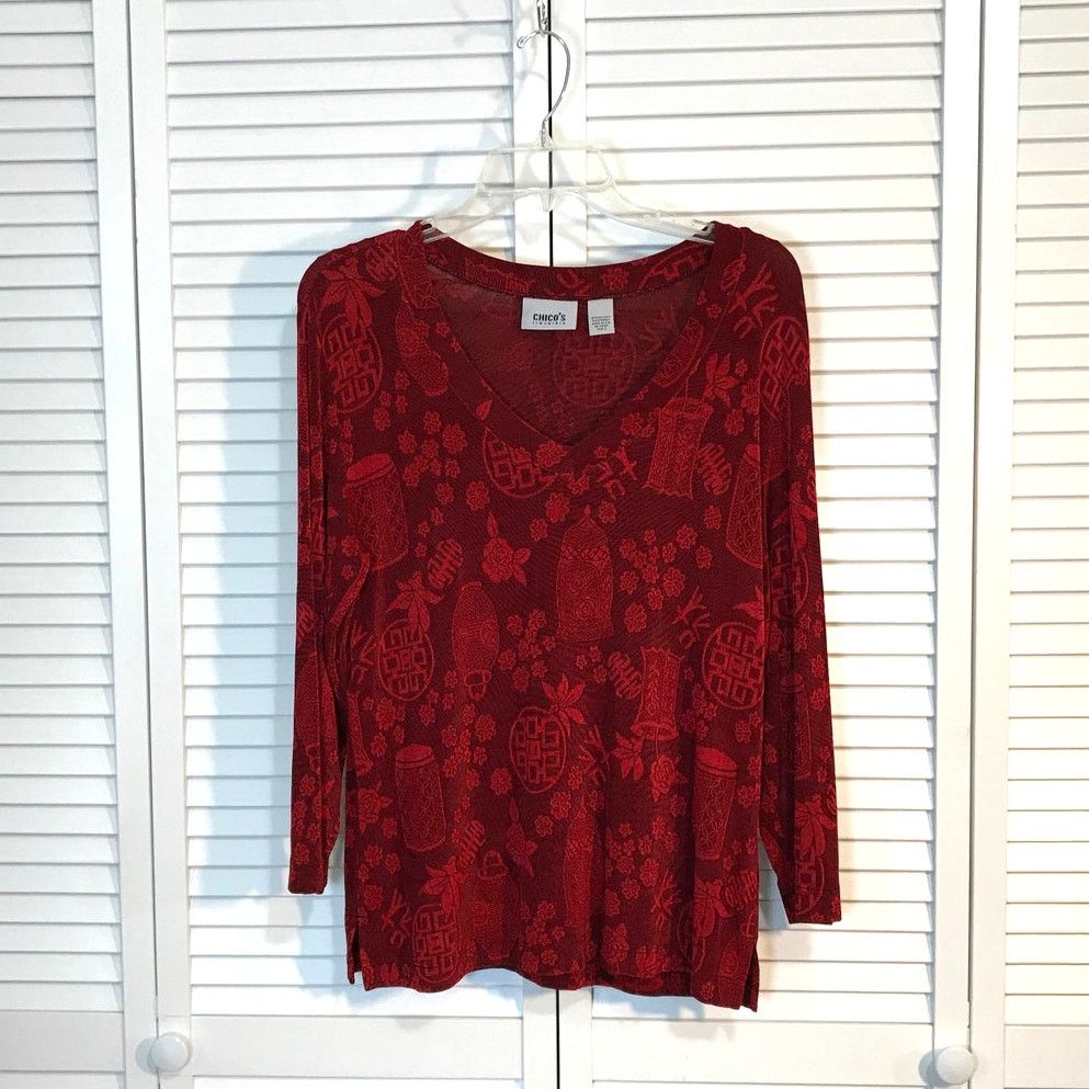 Chicos Chico’s Travelers Red Asian Floral Long Sleeve Blouse L Size L / US 10 / IT 46 - 1 Thumbnail