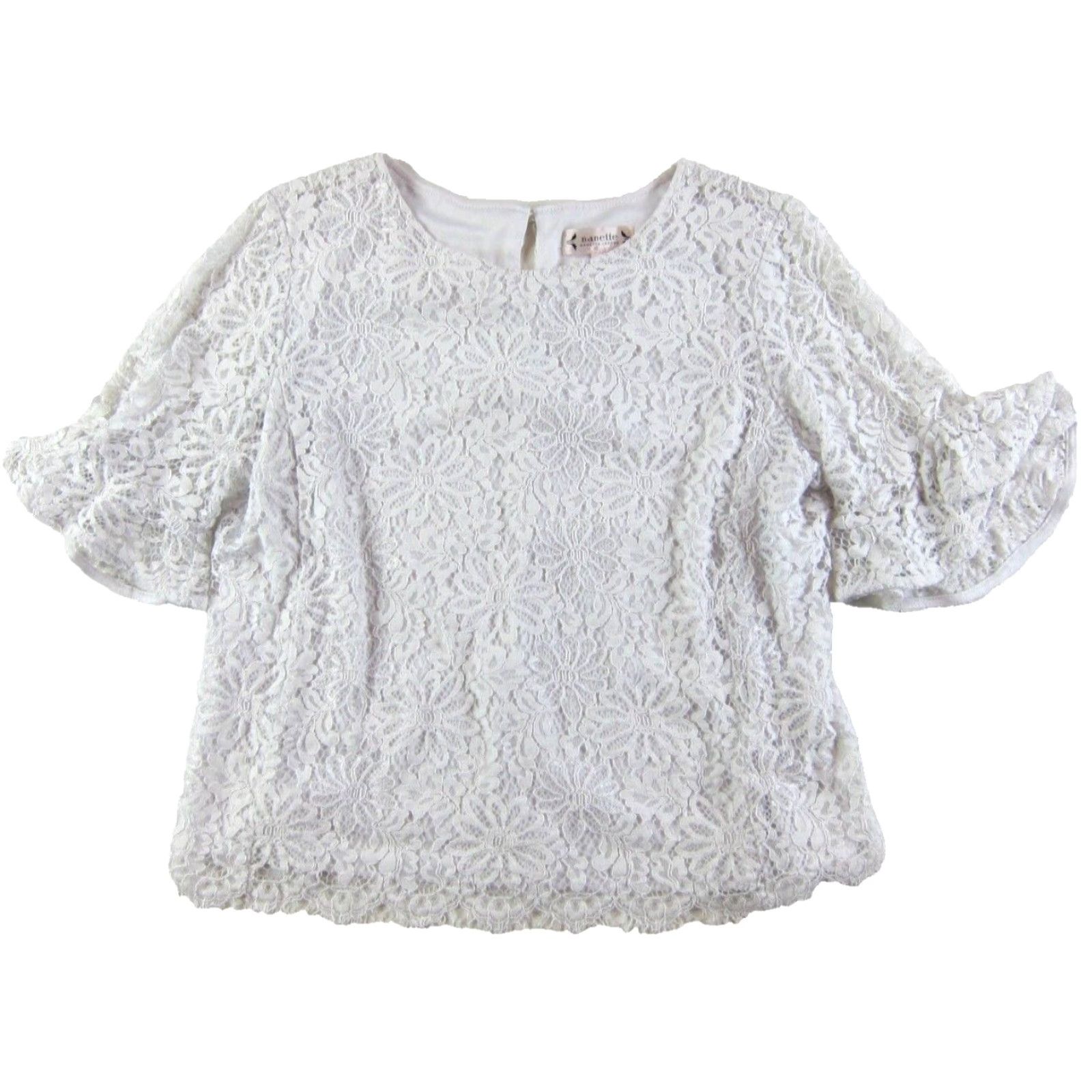 Nanette Lepore NANETTE LEPORE White Floral Crochet Lace Ruffle Sleeve Tunic Blouse Woman Large Size L / US 10 / IT 46 - 2 Thumbnail