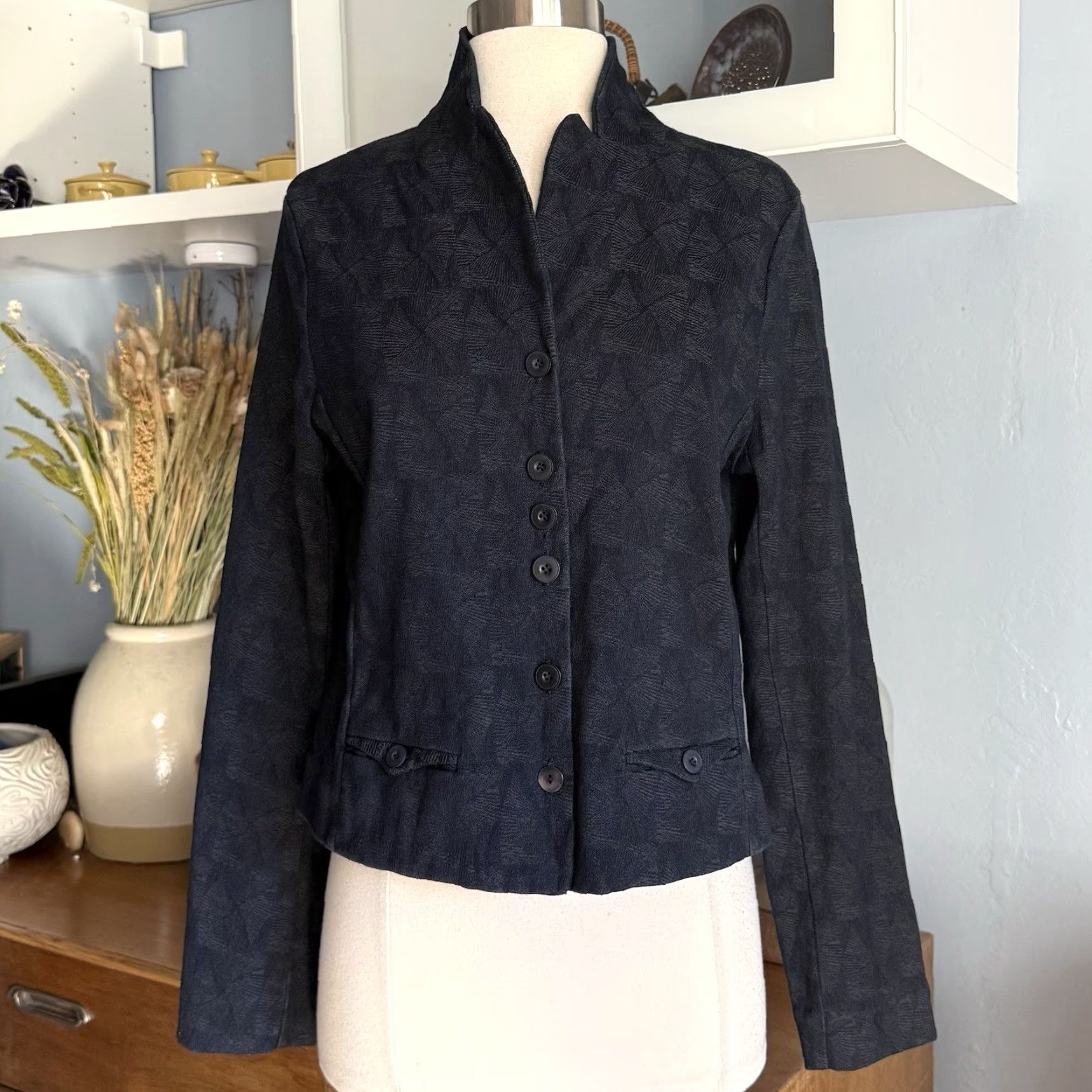 Vintage Lilith Textured Jacket Navy Blue Minimalist Lagenlook M/L 42 Wool Blend Mens Womens Girls Boys Size M / US 6-8 / IT 42-44 - 2 Thumbnail