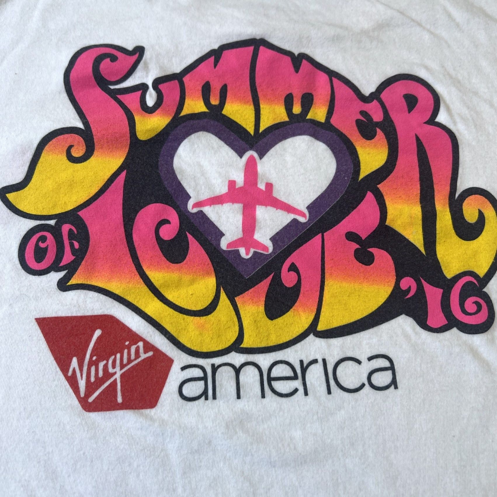 Vintage VINTAGE Summer Of Love ‘16 VIRGIN America Airlines Hippy 60’s Tee Shirt Medium White New Size US M / EU 48-50 / 2 - 3 Thumbnail