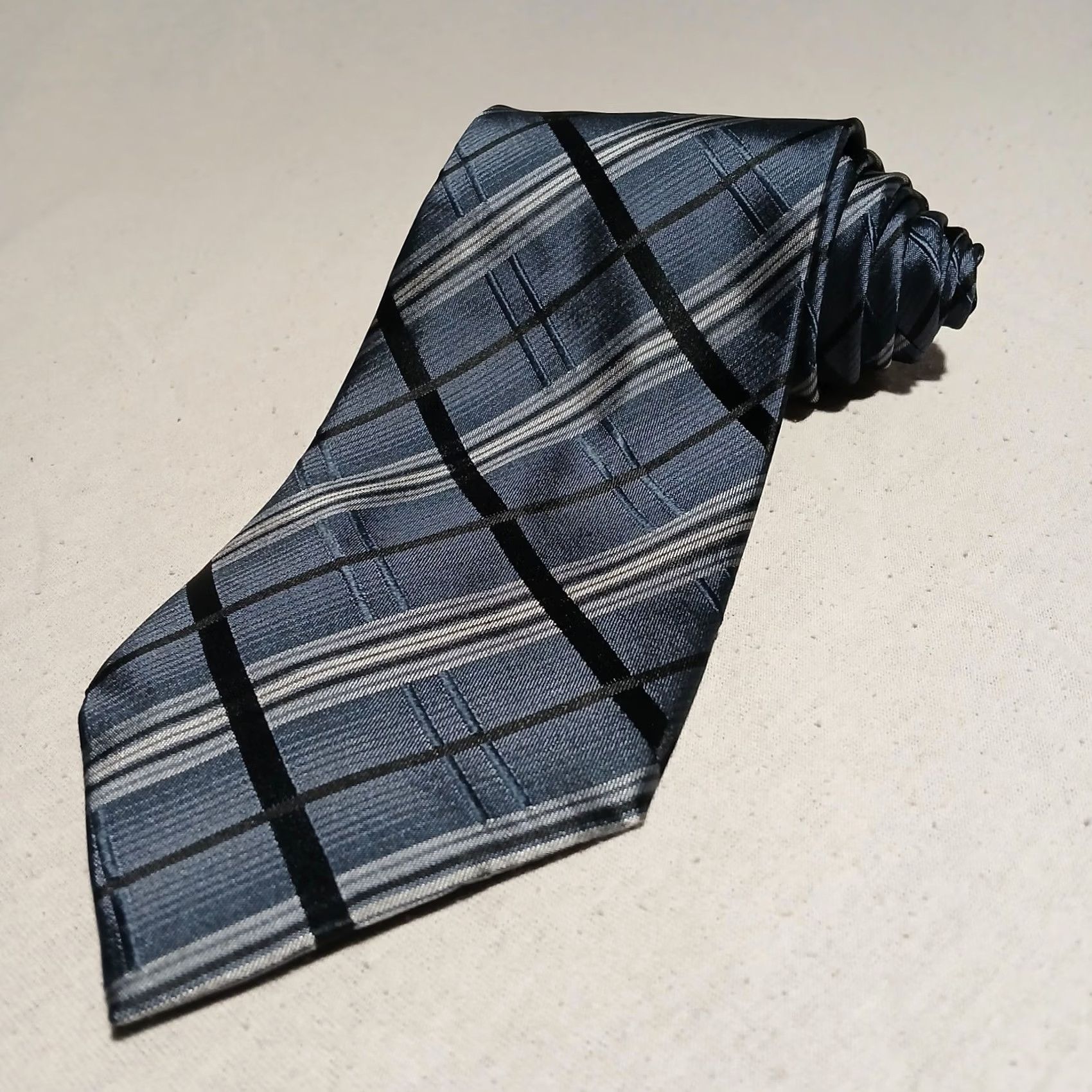 Pronto Uomo Pronto Uomo Tie Gray Black Plaid Striped 100% Silk 57" x 3.75" Mens Neckwear Size ONE SIZE - 2 Thumbnail