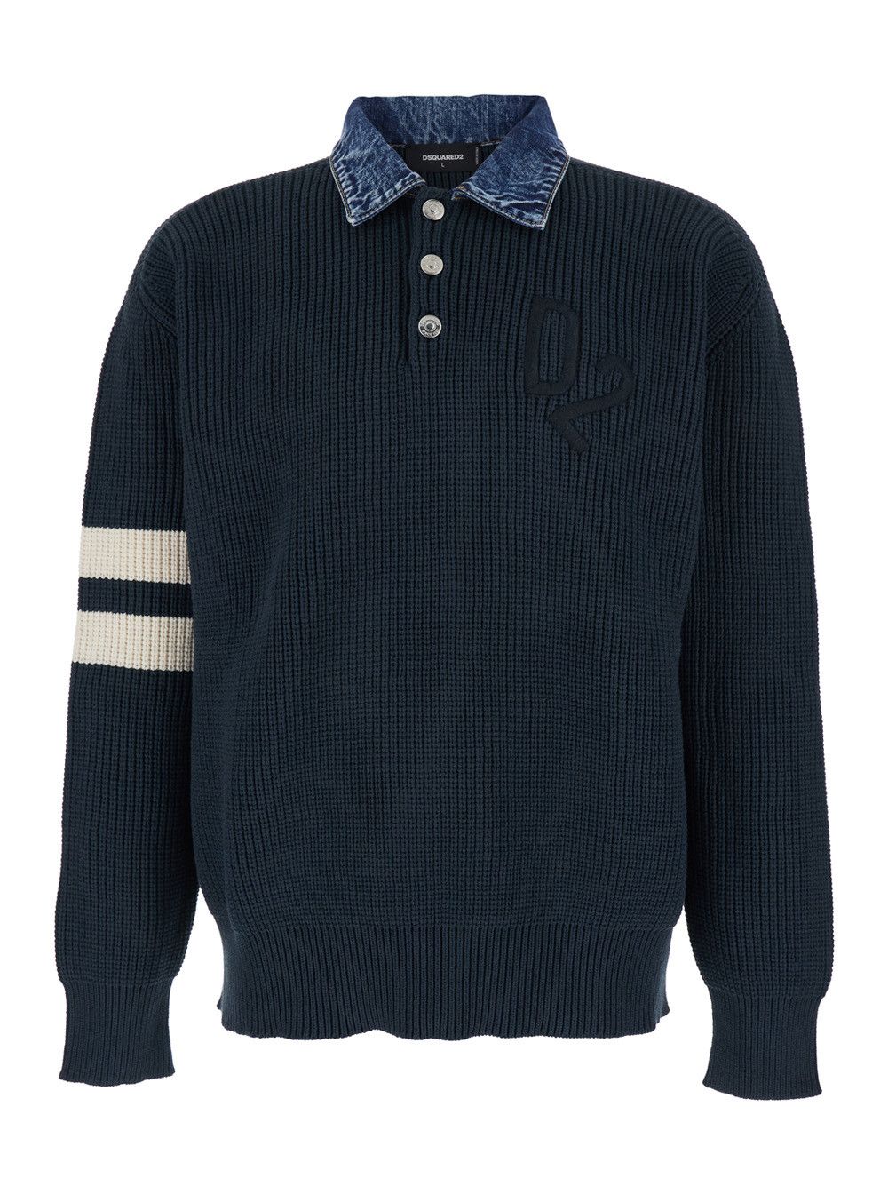 Dsquared2 Sweater with Denim Collar and Logo Embroidery on Front in Blue Cotton Blend for Men Size US L / EU 52-54 / 3 - 1 Thumbnail