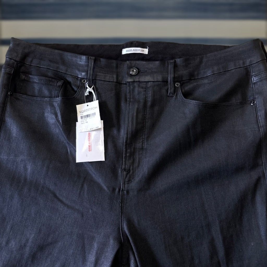 VINTAGE Good American Women's Black Coated Denim Jeans High Rise