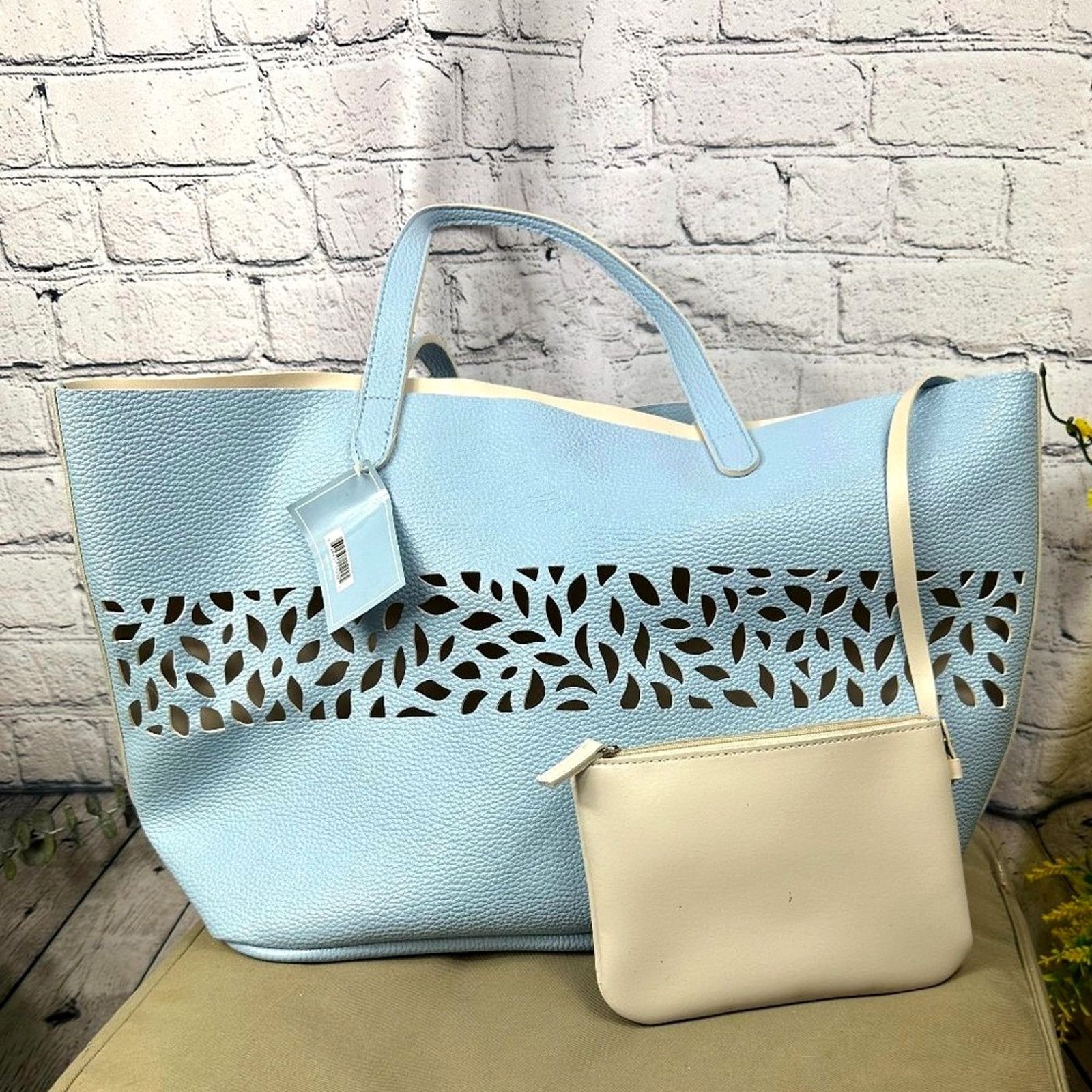 Other Laser Cut Light Blue Faux Pebble Leather Tote Bag with pouch Size ONE SIZE - 4 Thumbnail